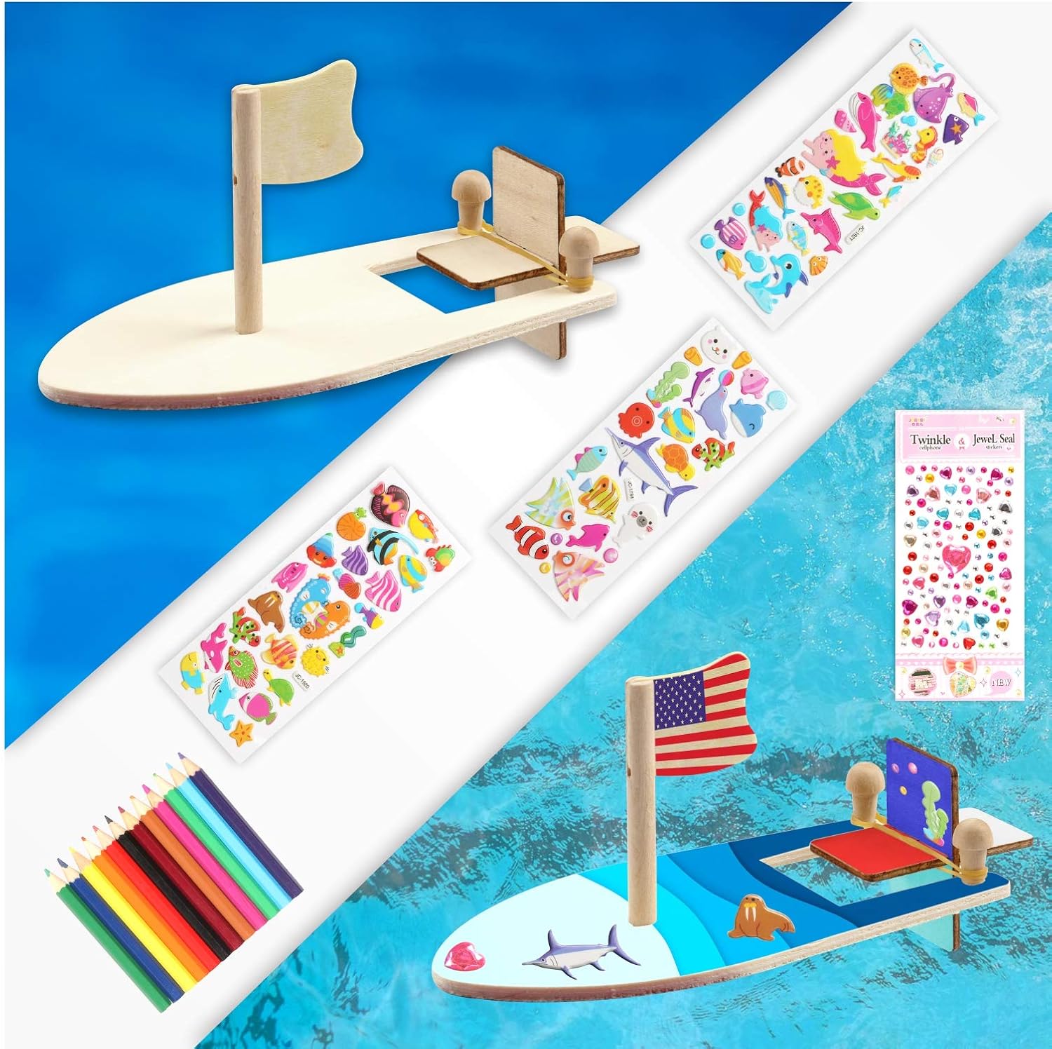 12 Pack DIY Wood Sailboat Rubber Band Paddle Boat, Mini Boat Paint and Decorate Wooden Sailboat Craft Kits with Decorate Tools for Kids School Craft Decor Projects : Toys & Games