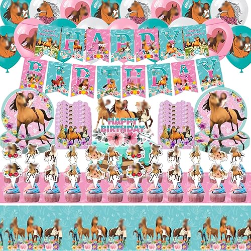 Miniatura 6 de Decoraciones de cumpleaños de caballos de dibujos animados, suministros para fiestas, incluye pancarta, decoración de pastel, decoración de