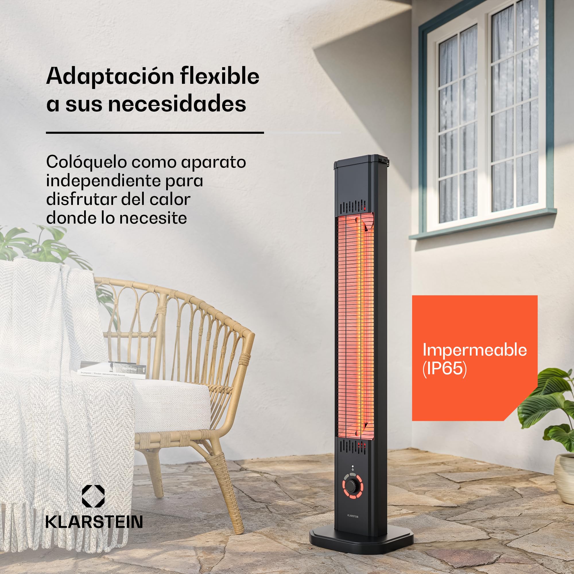 Klarstein Calefactor Infrarrojo 2000W – 8 Niveles, Independiente o de Pared, IP65 Exterior, Control Remoto, Temporizador, Protección Antivuelco, Estufa Infrarroja Patio 15 m²