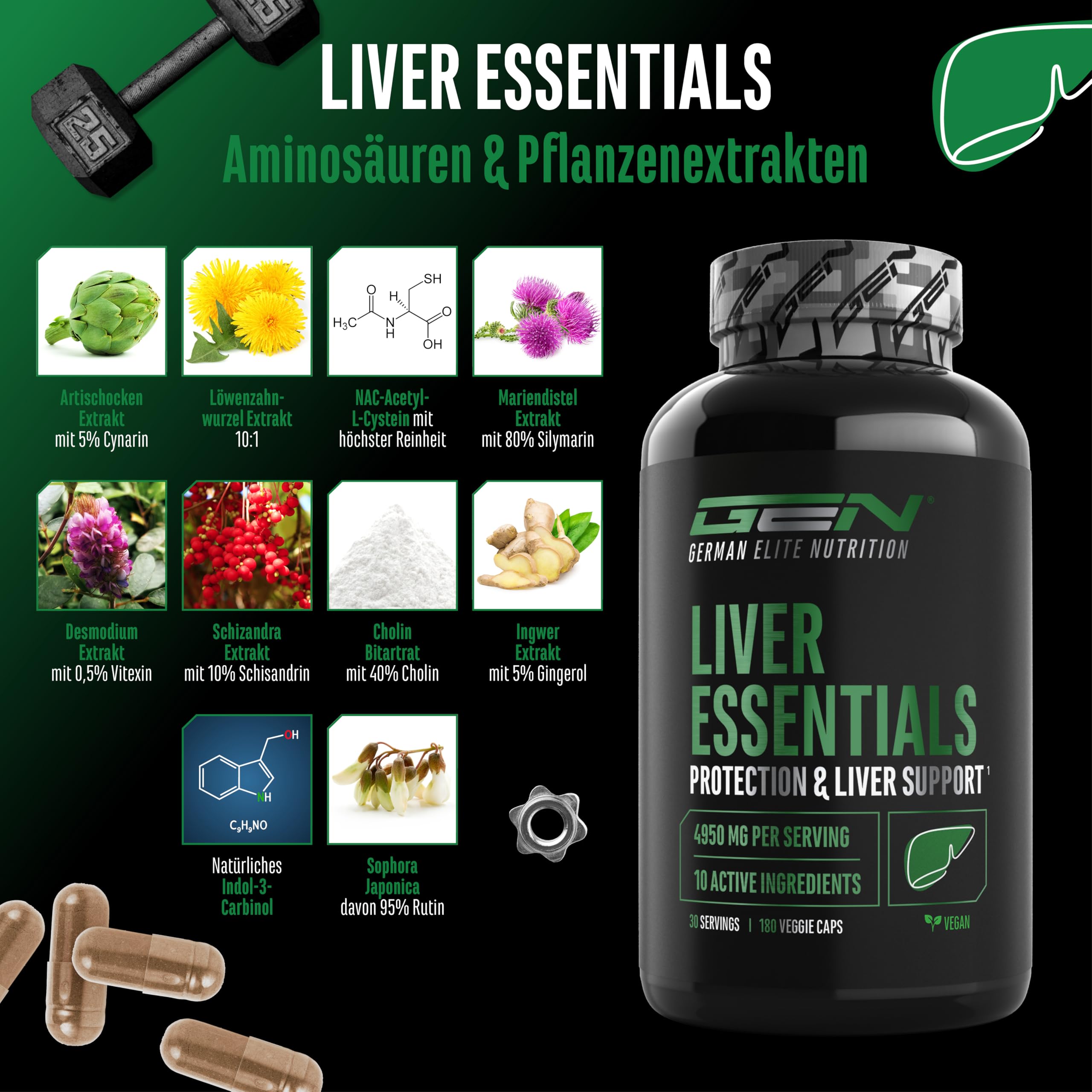 Liver Essentials - 180 Kapseln - Hochdosierter Leber Komplex mit Mariendistel, Cholin, NAC, Artischocken, Löwenzahn, Schizandra, Ingwerextrakt, Indol-3-Carbinol, Desmodium, Rutin - Vegan