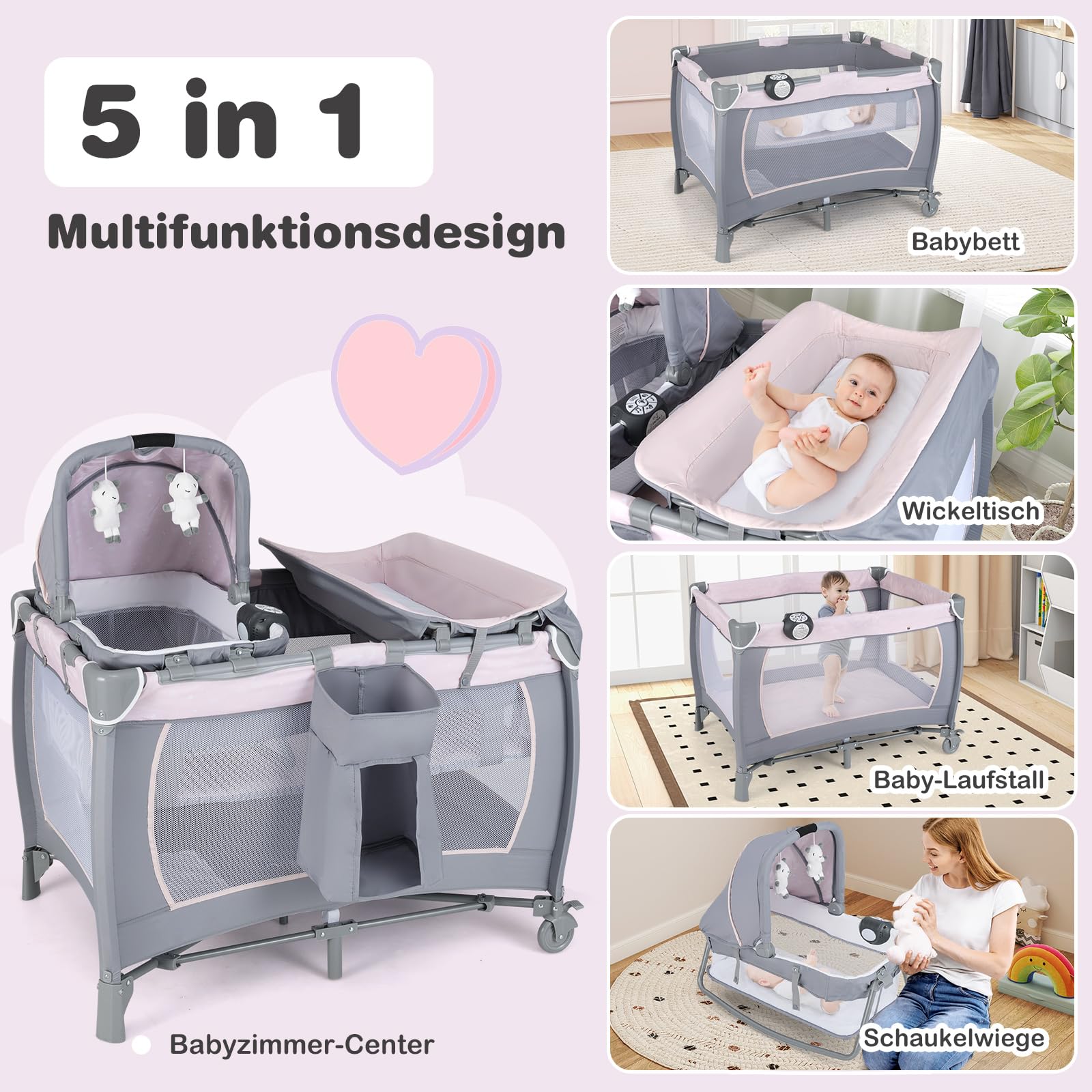 DREAMADE 5-in-1 Reisebett Baby, Beistellbett mit Matratze, Wickelauflage, Rollen & Tragetasche, Babybett mit Musikbox & Hängespielzeug, für Neugeborene und Kleinkinder (Pink)
