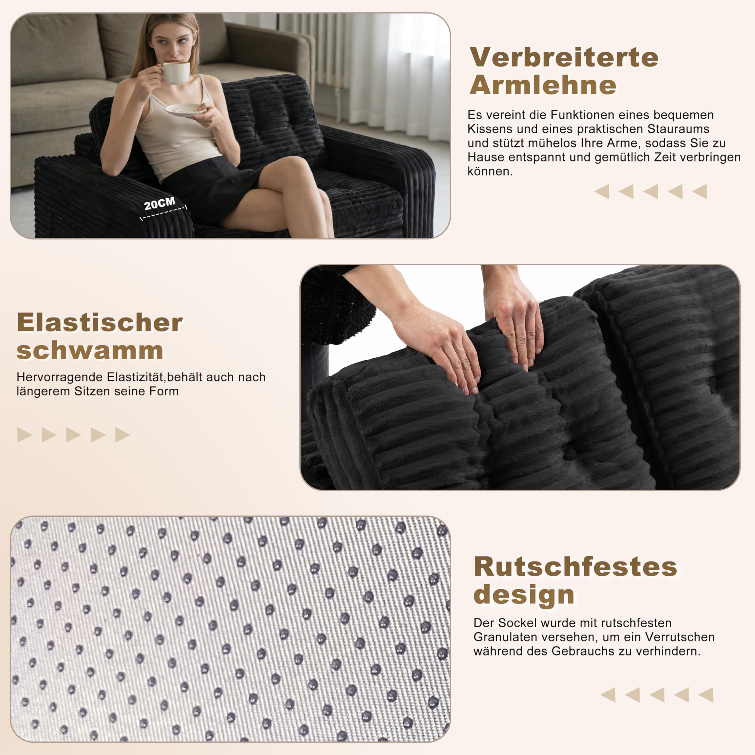 Faltbares Schlafsofa, Tragbarer Stuhl-Bett-Komfortable Bodensofa, Umwandelbarer Schlafsessel mit Kissen, Cord-Stoffbezug Sessel Schlafcouch, für Wohnzimmer und Schlafzimmer (2 Sitzer Sofa, Schwarz )