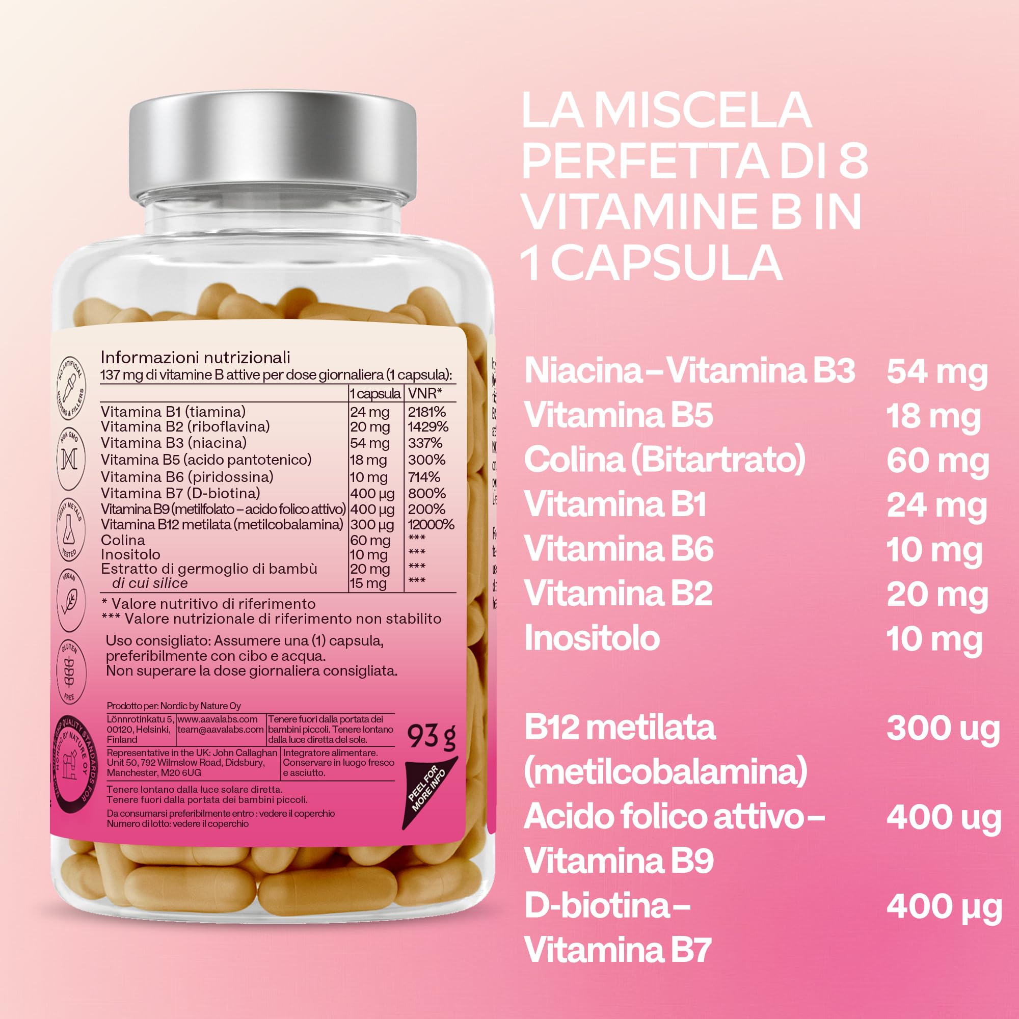 Vitamina B Complex Alto Dosaggio Vegan | 180 Capsule [6 Mesi] Vitamine B: Vitamina B1, B2, B3 (Niacina), B5, B6, B8 (Biotina), Vitamina B12 e Acido Folico Attivo (B9 Metilfolato), Inositolo e Colina