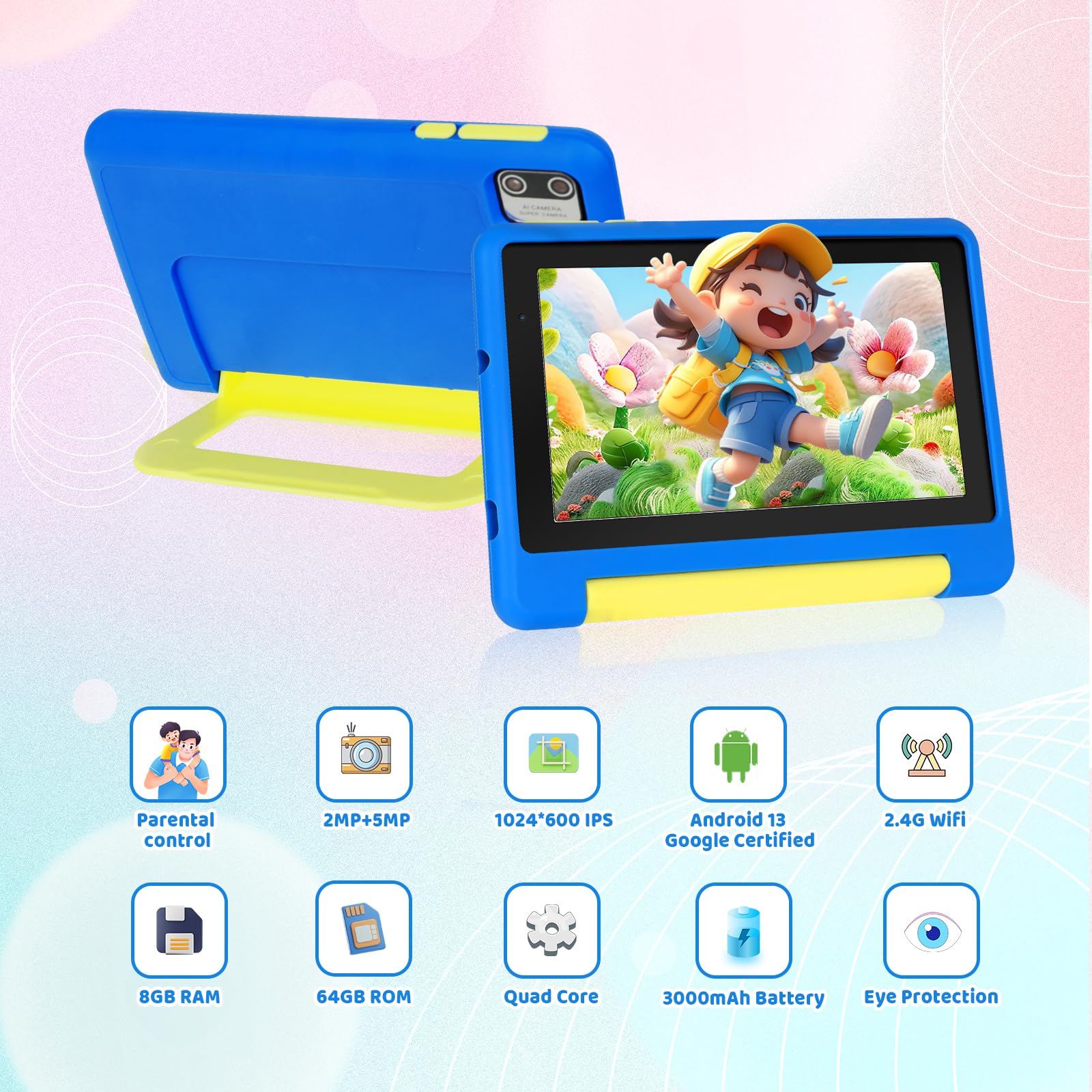 Whitedeer 2026 Latest Kids Tablet, 7 inch Tablet for Kids 3-7 Ages 8GB RAM +64GB ROM, Android 13, Parental Controls, Dual Camera, Wi-Fi, Bluetooth, Type-C, Impact Resistant Case, Gift,Blue - 3
