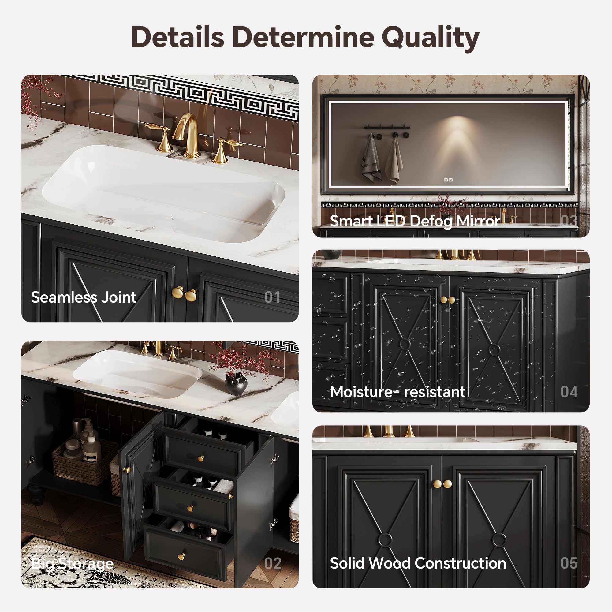 Vanity - Mobile da bagno con doppio lavabo, in legno massello, moderno, elegante e funzionale, per ristrutturazione e ristrutturazione della casa