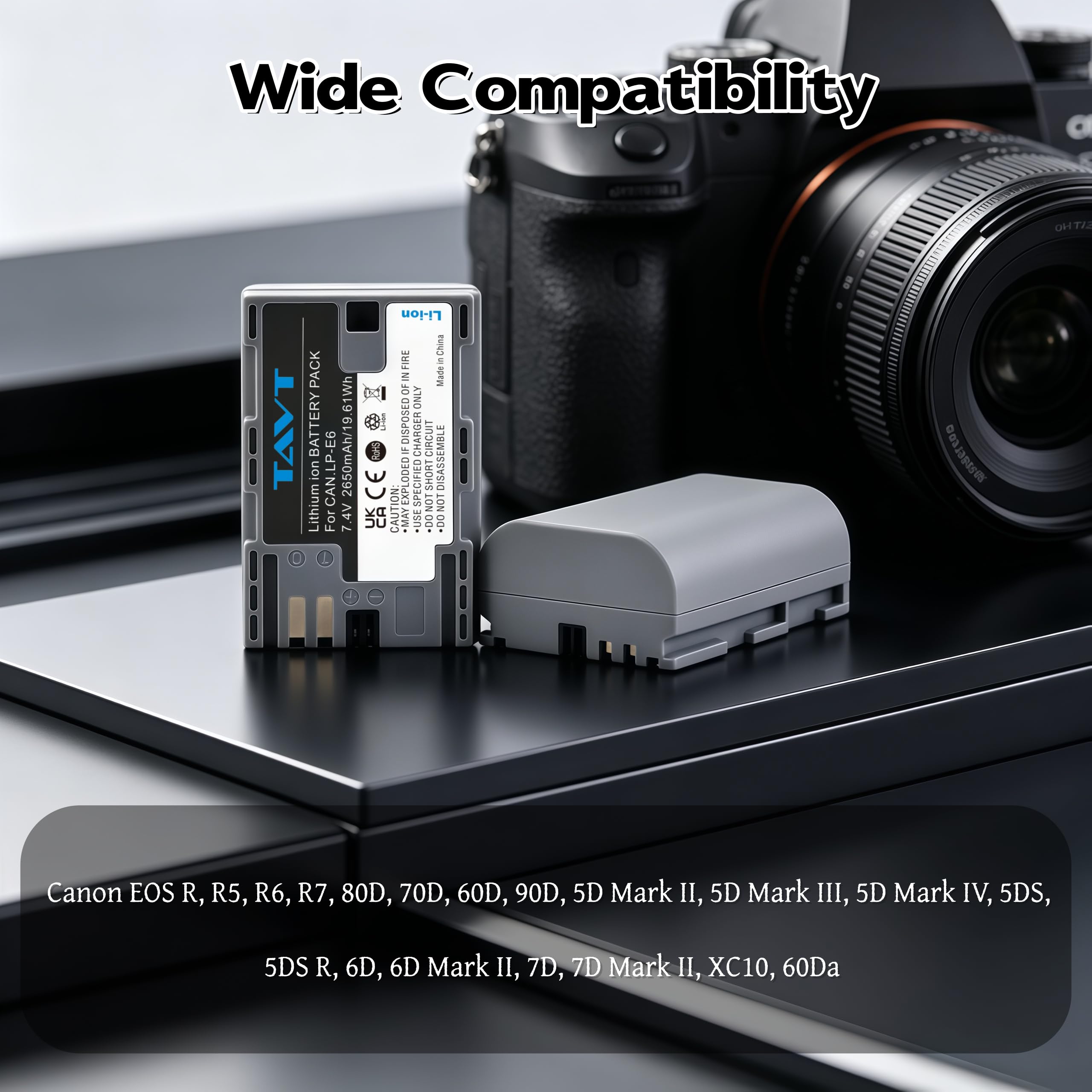 2Pcs 2650mAh LP-E6 LP-E6NH LP-E6n Batteria e Caricabatteria per Canon EOS R7, R6, R5, R, 6D Mark II, 5D Mark IV, 5D Mark III, 5DS, 5DS R, 5D Mark II, 80D 90D 6D 7D, 7D Mark II