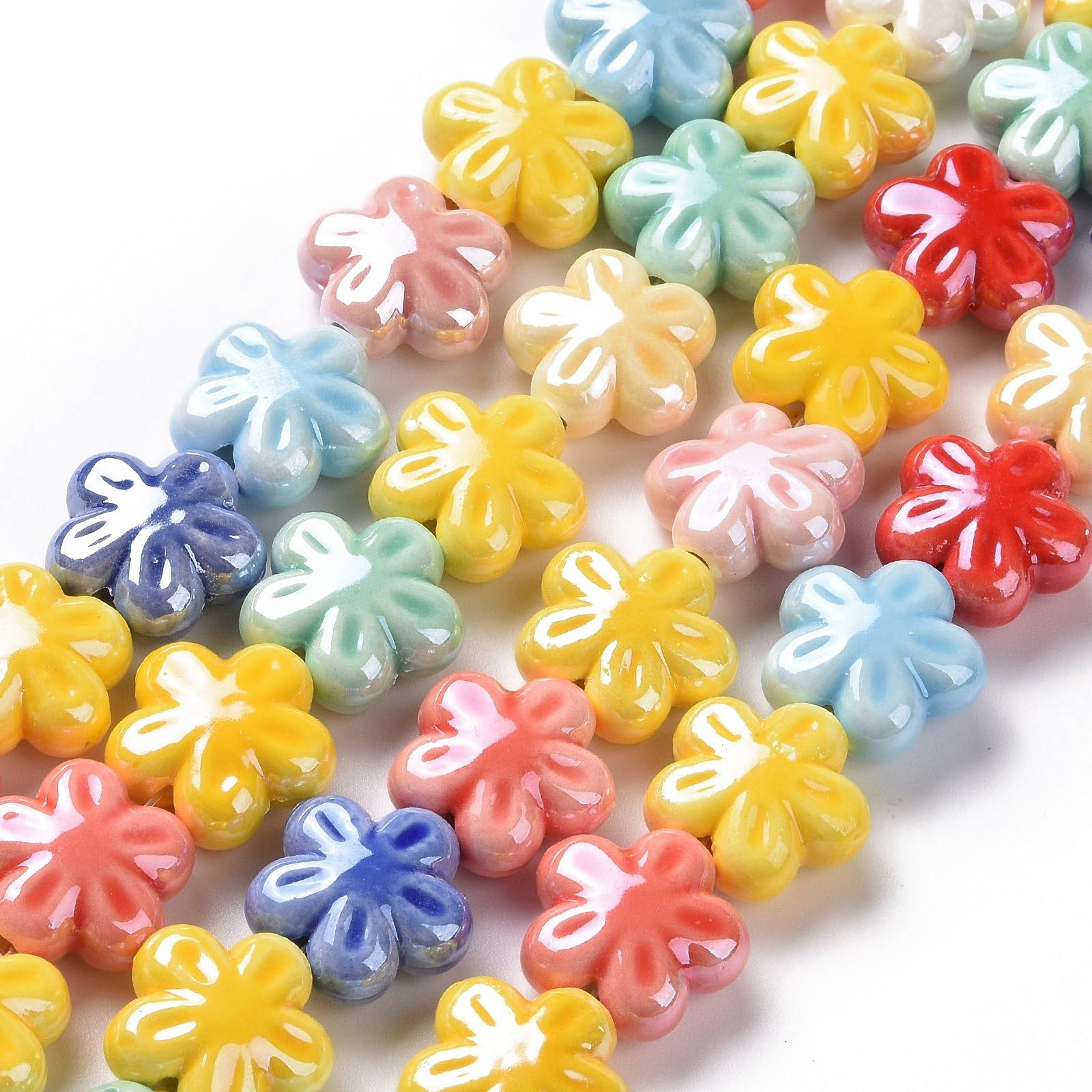 About 18Pcs Handmade Flower Beads Strands, Rainbow Color Pearlized Floral Loose Beads for Necklace Bracelet Earring Jewelry Making for Valentine's Day Gift, 17.5x17x8.5mm, Hole: 2mm
