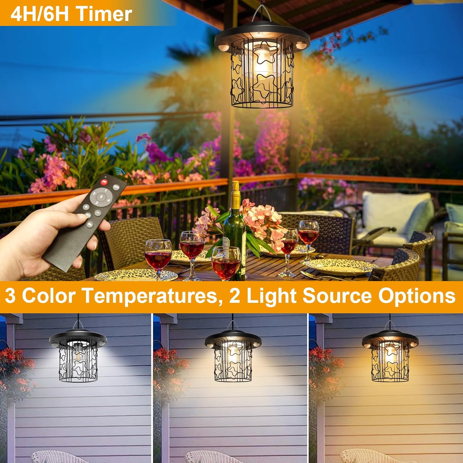 Solar Star Pendant Light - 3000LM Outdoor Solar Chandelier with Motion Sensor, Gazebo Lighs with Remote Control, 5 Modes, 3 Color Temperatures for Patio, Garden, Gazebo, Umbrella(16.4FT Cord)