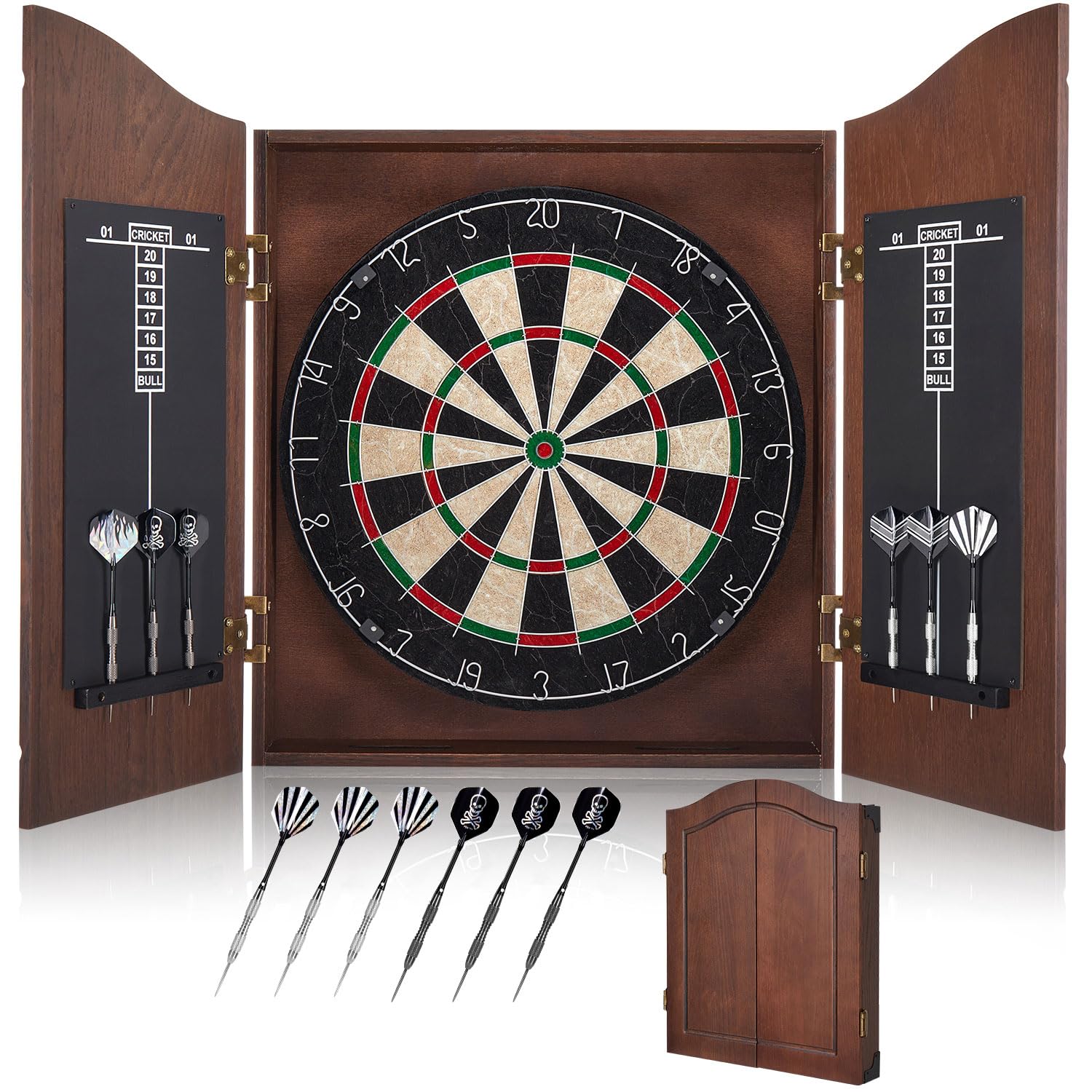 Yirinatek Sisal Dart Board Cabinet Sets, Professional Dart Boards Set [6*Steel Darts] - Wooden Dartboard Cabinet with Integrated Scoreboard for Family Game Rooms - Coffee