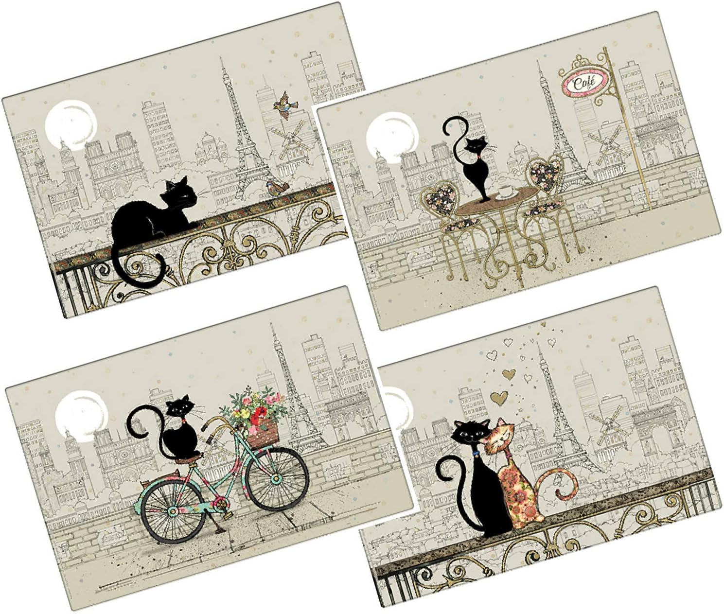 KIUB - Set of 4 Assorted Place Mats - Paris Eiffel Tower with Cats Design