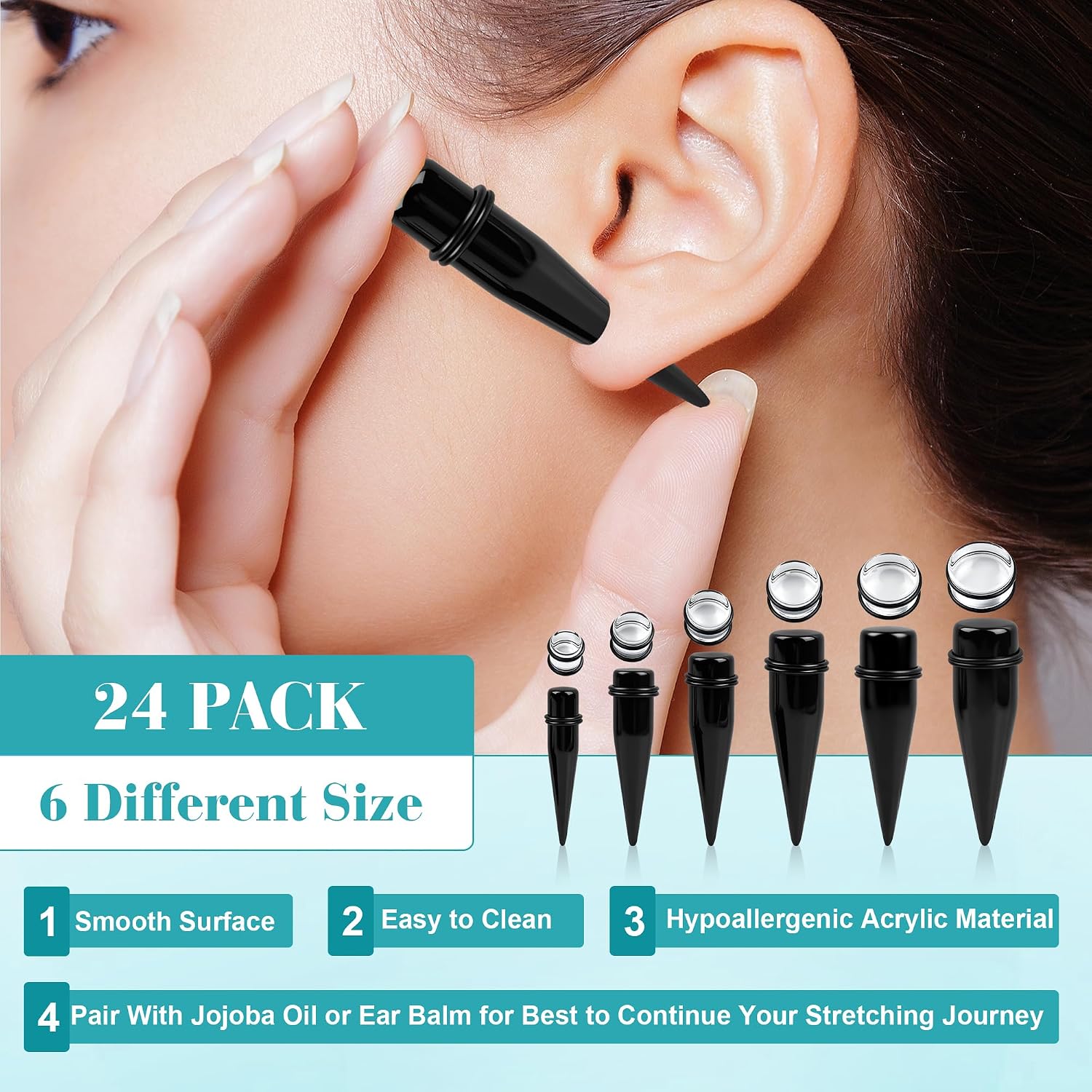 CrazyPiercing Big Ear Gauges Kit 24 Pieces Acrylic Tapers and Plugs Double O-Rings Stretching Set image 4