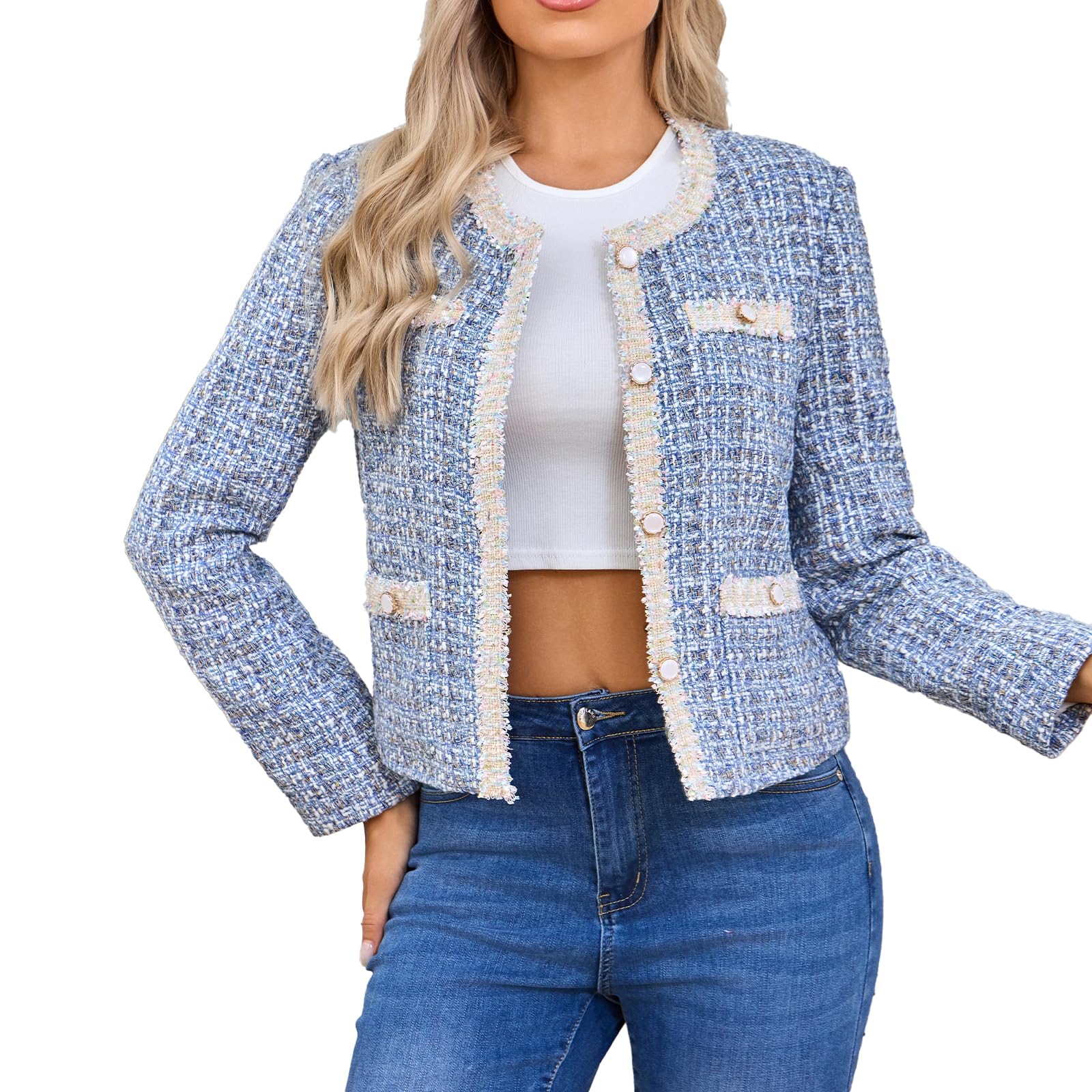 Womens Tweed Blazers Cropped Long Sleeve Crewneck Open Front Lace Trim Lightweight Plaid Work Business Jackets