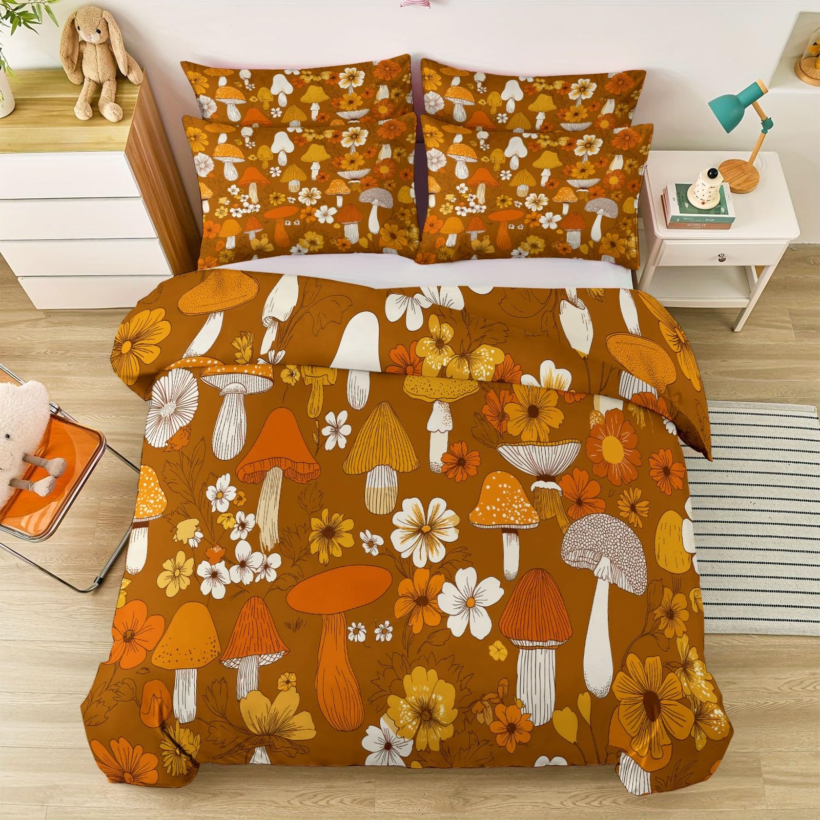Générique Komplet pościeli 240 x 260 cm Kasztan Rośliny Grzybowe w stylu retro, mikrofibra Premium, bardzo oddychająca i zapobiegająca poceniu się, idealna na 4 pory roku