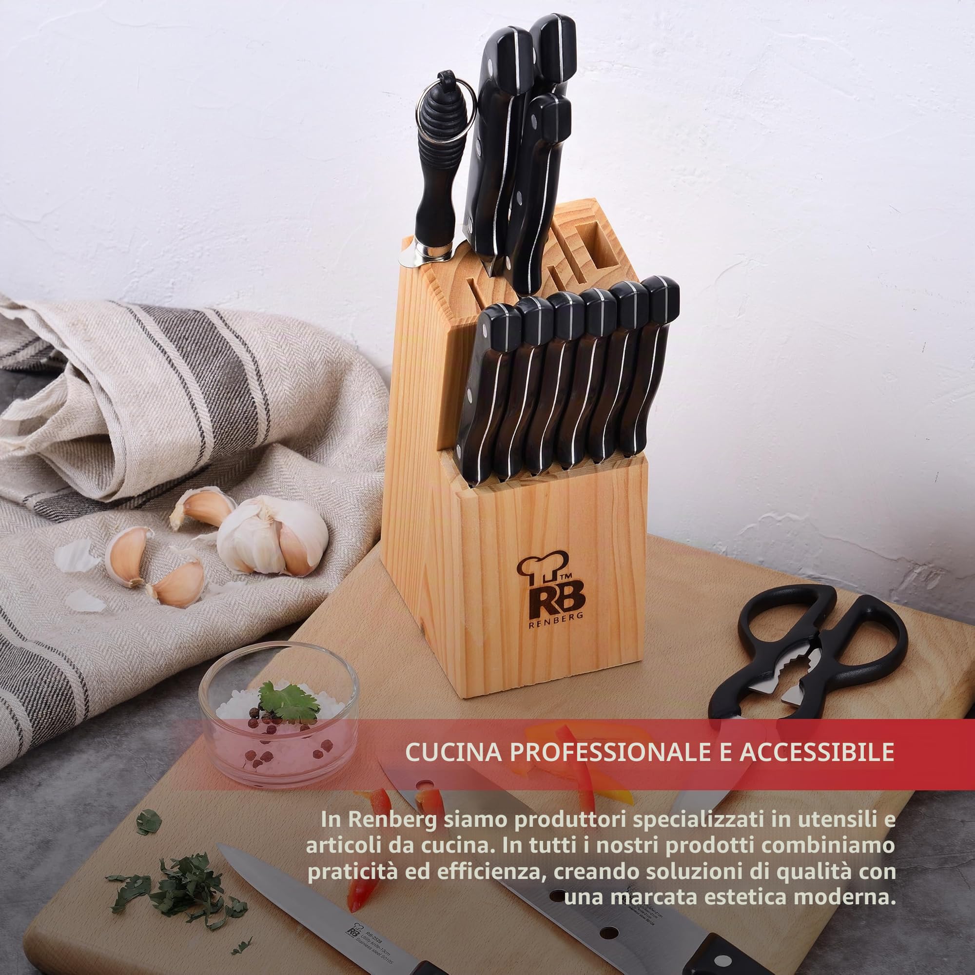 RENBERG Tenessy | Coltelli da Cucina | Set Completo di 15 Pezzi con Ceppo di Legno | Perfetti per Tagliare Ogni Ingrediente | Cucina Professionale | Fabbricati in Acciaio Inox