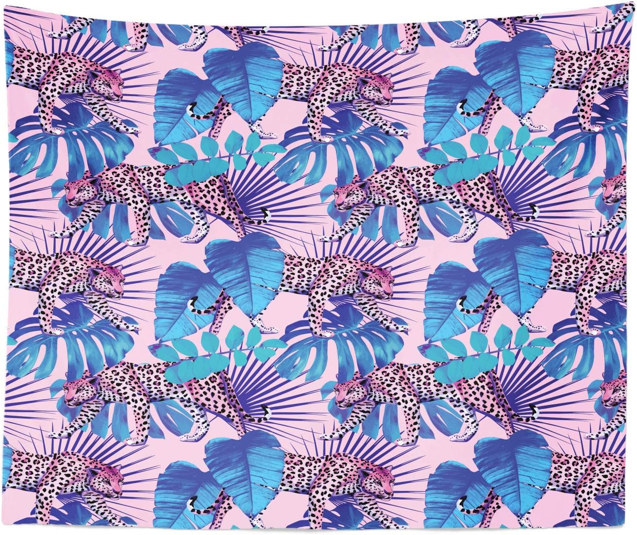 Lunarable Hawaiian Tapestry King Size, Palm Tree Leaves and Multitude Leopard Printing in Tropical Wild Theme, Wall Hanging Bedspread Bed Cover Wall Decor, 23" X 28", Pale Pink Sea Blue