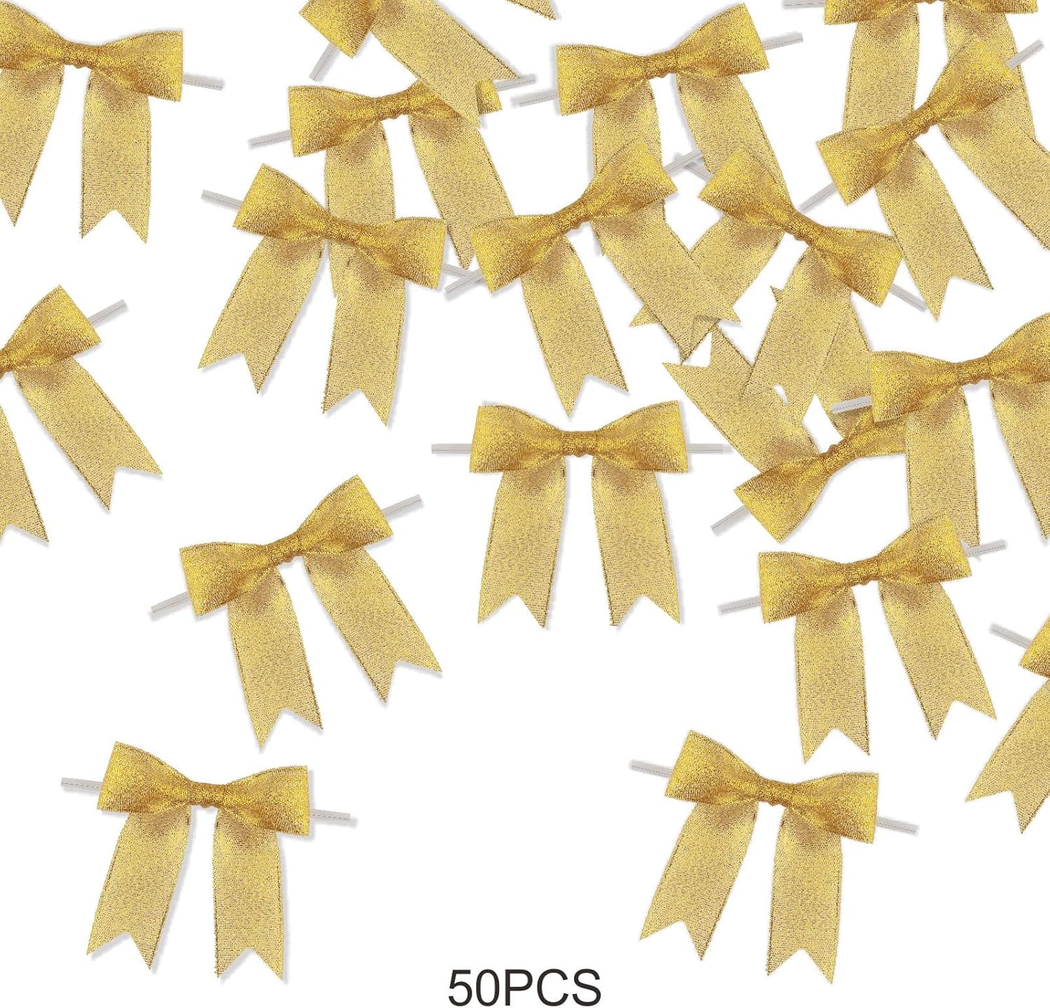50 Pcs 3 Inch Gold Ribbon Bows Craft Twist Tie Bow for Packages Gift Wrapping Crafts Wedding Favors Baby Shower Christmas Decor (3", Gold) - Image 4