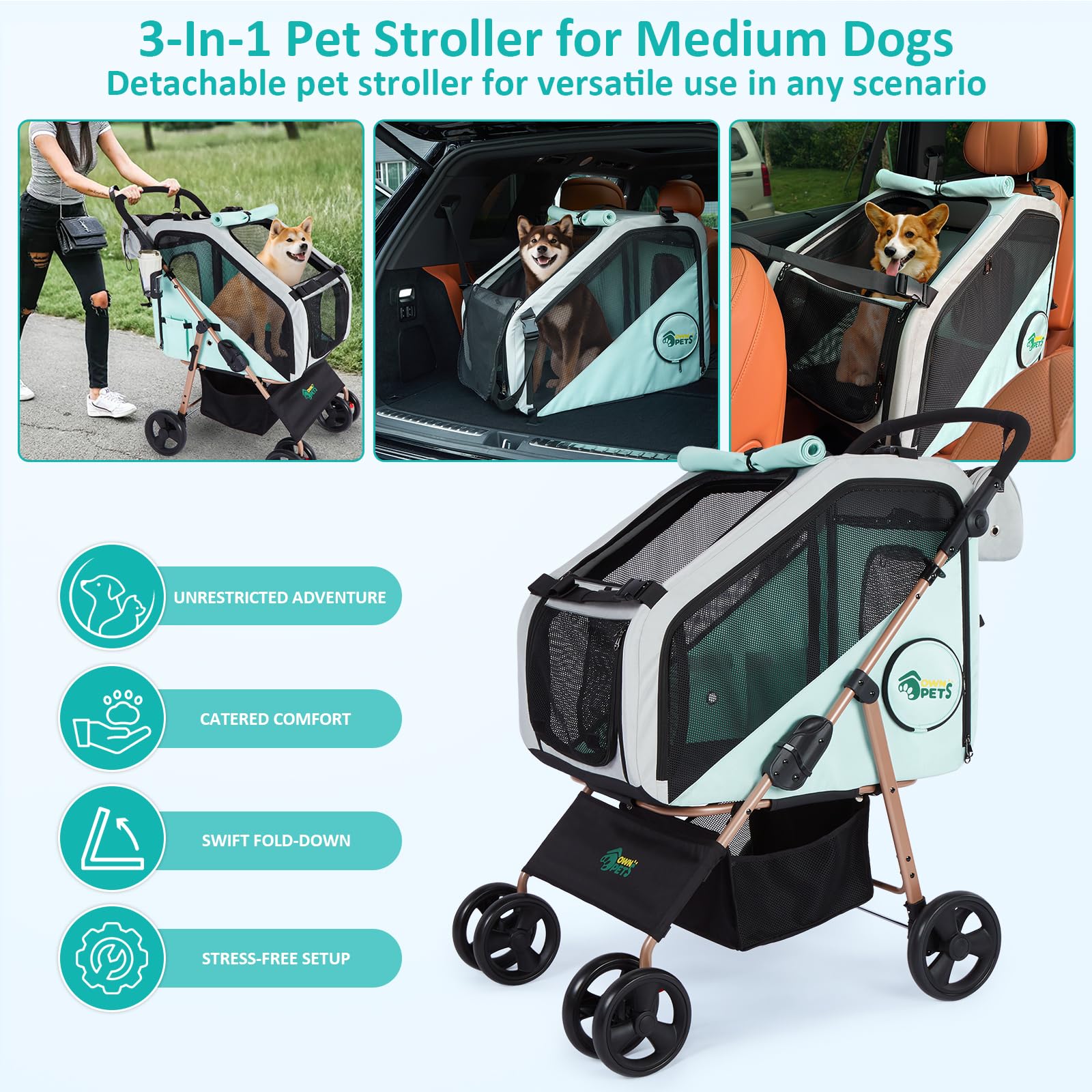 Ownpets Hundebuggy für mittelgroße Hunde Blau, 3-in-1 Hundewagen für mittelgroße Hunde bis 30kg, Sekundenfaltung & 360° Drehräder, verstellbarer Griff, Stoßdämpfung & abnehmbare Autotransportbox