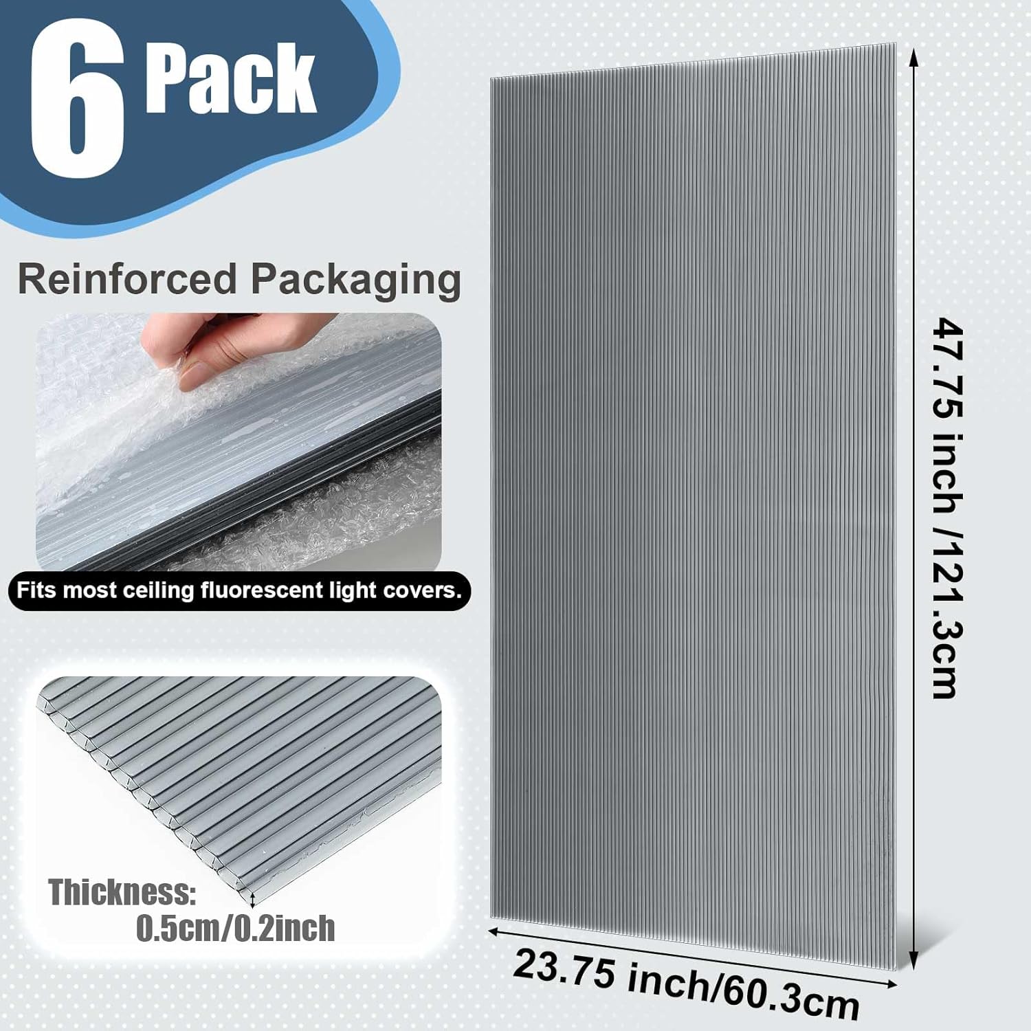 Pushglossy 6 Pack 23.75" x 47.75" x 0.2" Fluorescent Light Covers Classroom Office Diffuser Panels for 2x4ft Drop Ceiling Light Fixture Polycarbonate Replacement Cover for Hospitals Home (Clear Black)