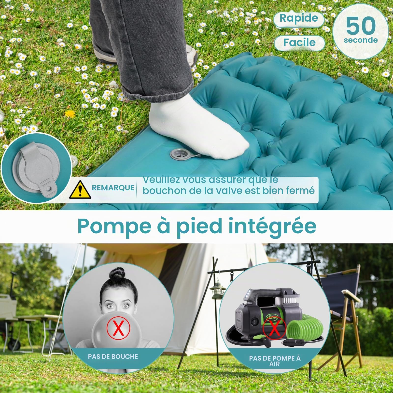 Satisure Matelas de camping auto-gonflant pour l'extérieur, ultra léger avec pompe à pieds