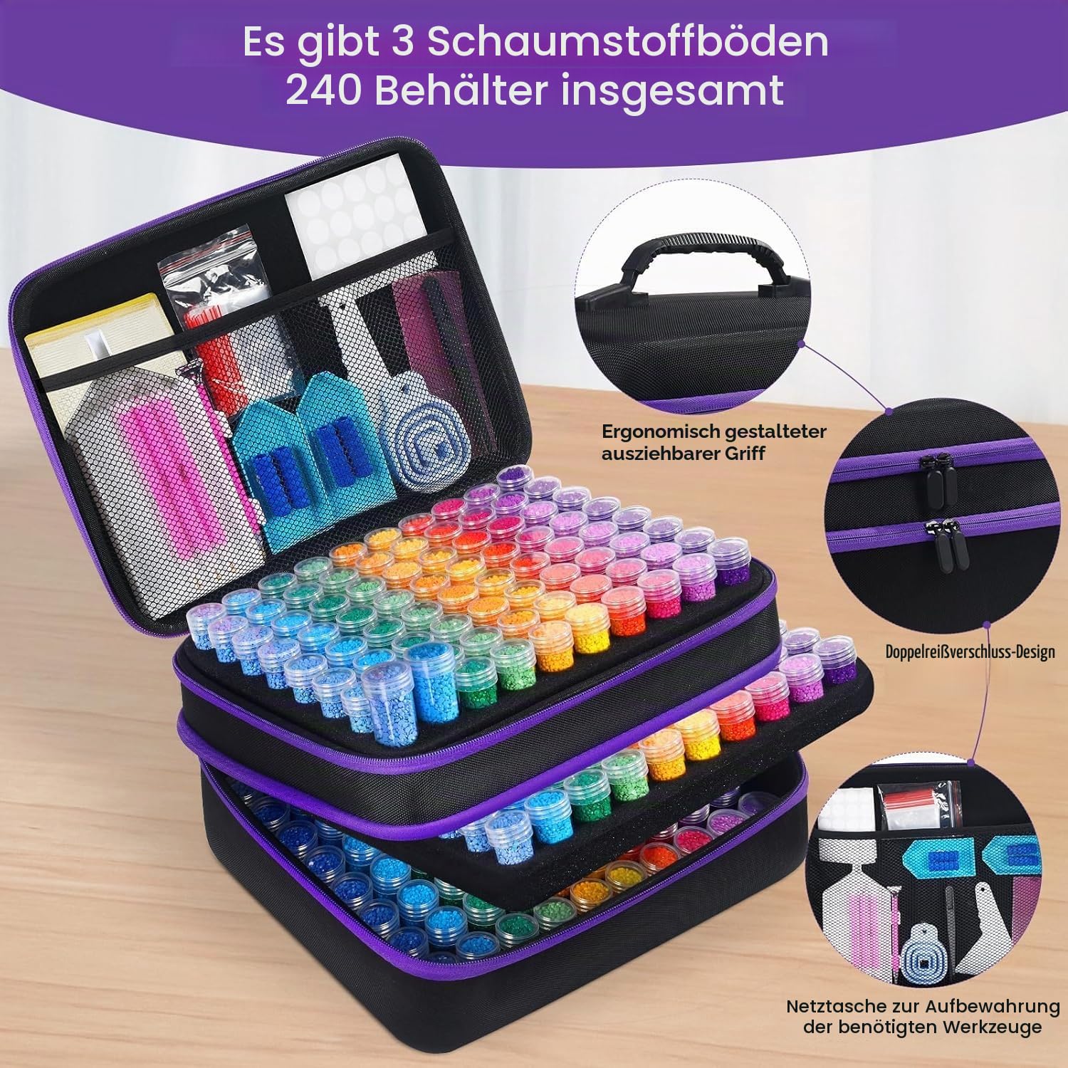 Diamond Painting Aufbewahrungsbox, Großes Diamond Painting Koffer, TOOSOAR Diamond Painting Box, Tragbar 240 Fächer Diamond Painting Zubehör Boxen