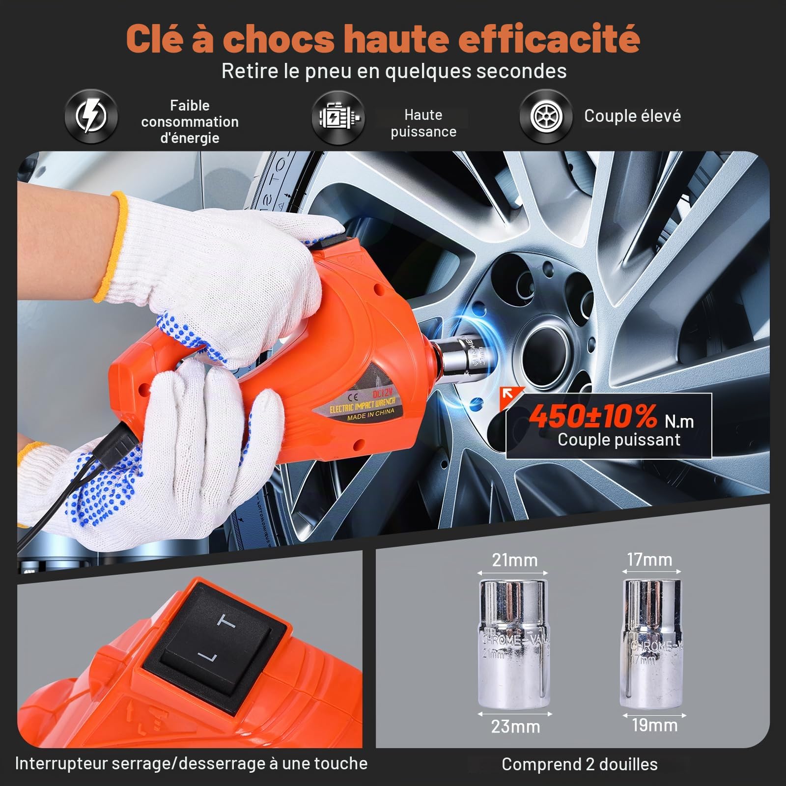 Cric hydraulique électrique avec visseuse à percussion, compresseur d'air et mallette de transport – Capacité 5 T, 150-530 mm, lumières LED, fonctionnement 12 V/CC pour le changement de pneus