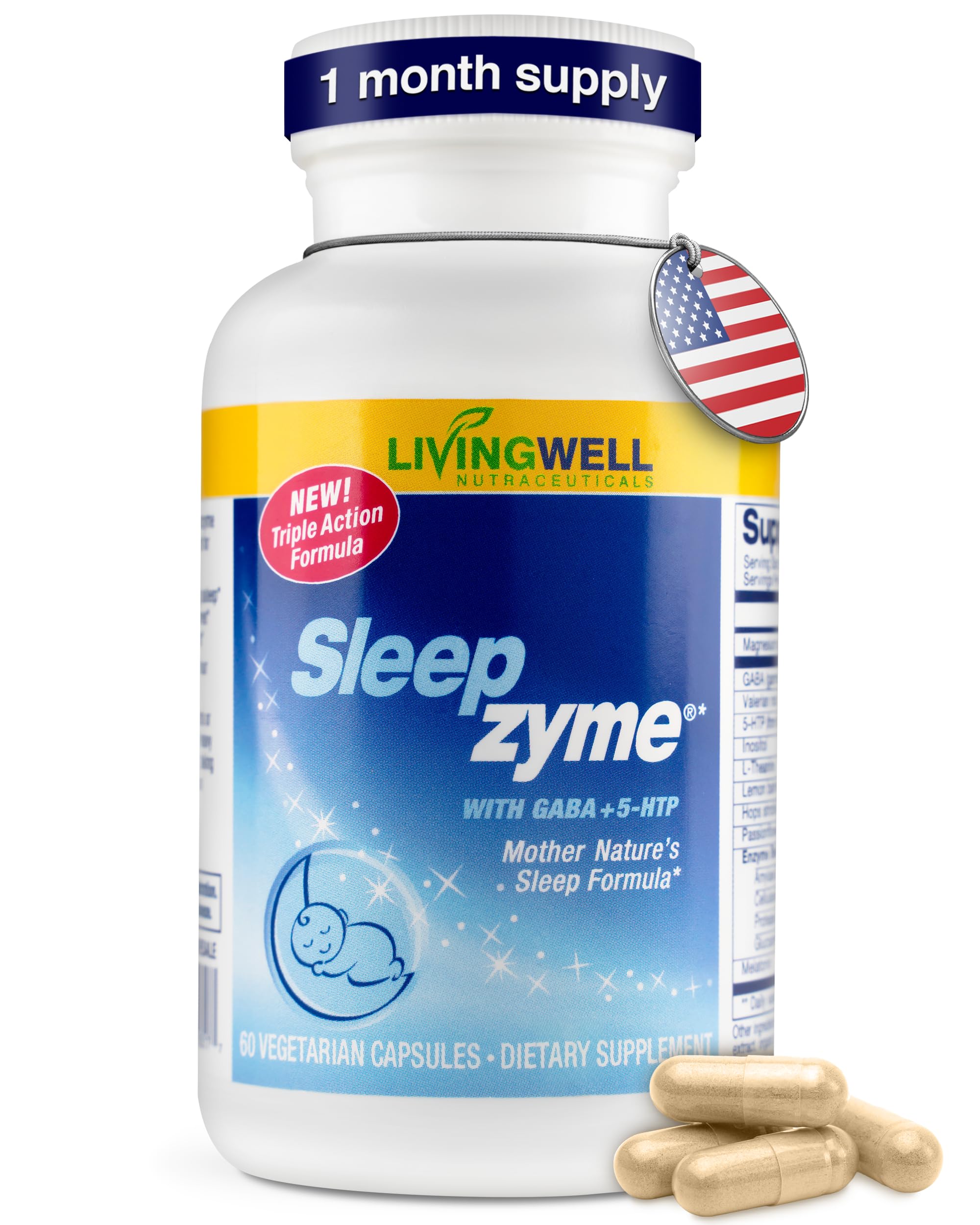Sleepzyme Bedtime Supplement with Melatonin, GABA, 5-HTP, Valerian Root, Magnesium, L-Theanine, Lemon Balm & Hops for Deep Snooze & Unwinding - 60