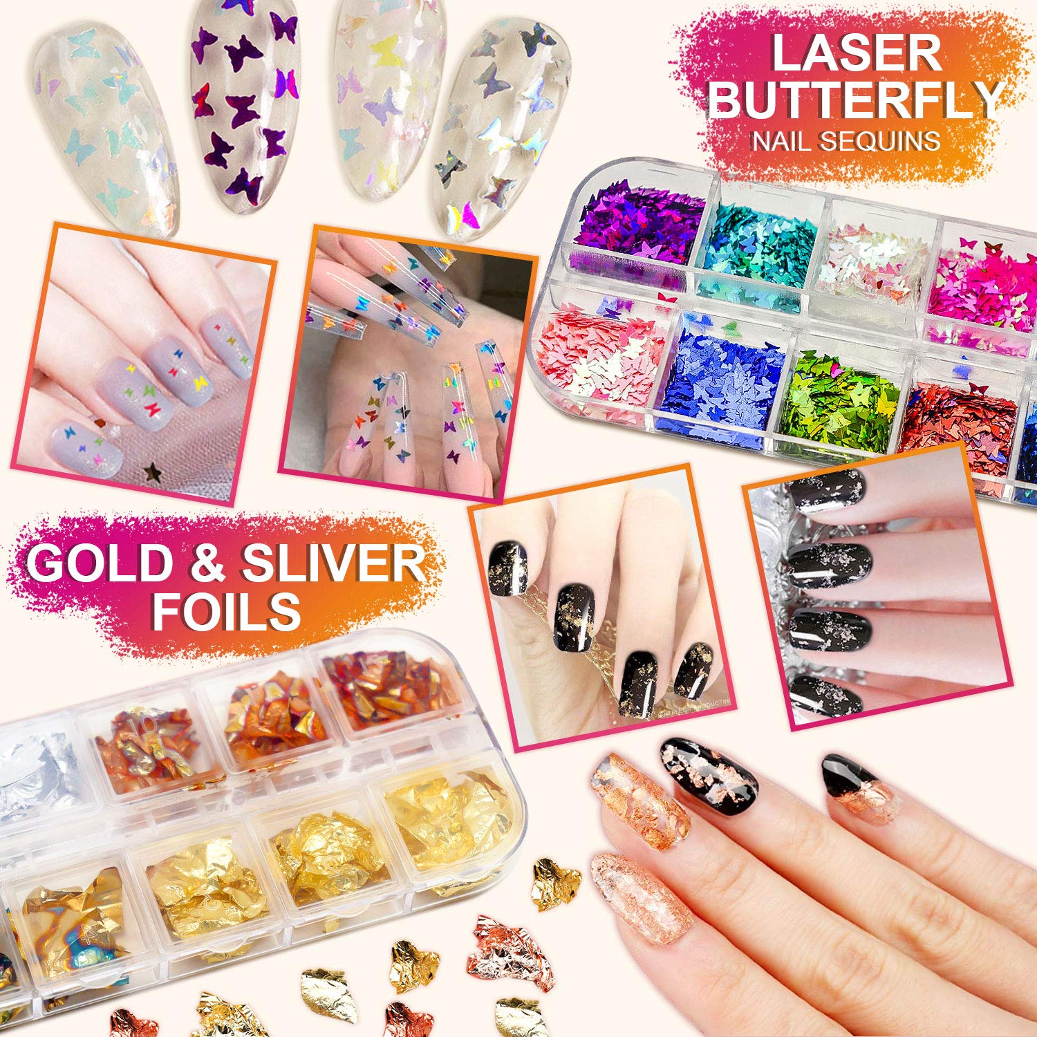 Kit de pinceles y decoraciones de uñas - Arte de uñas 3D, herramientas de puntos, purpurina, calcomanías, diamantes de imitación, papel de aluminio, cintas de rayas 6