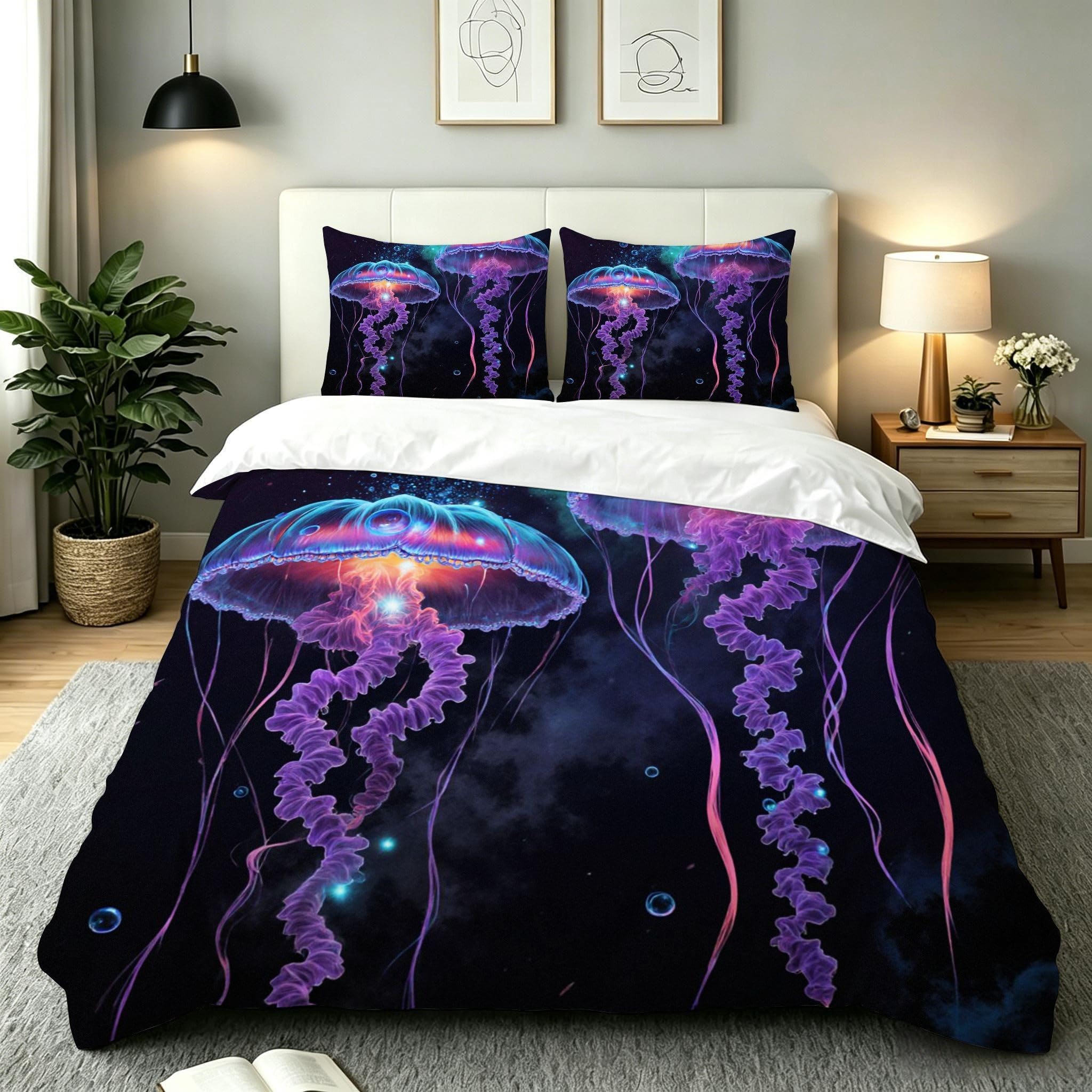 Housse de Couette 160x200 Violette Imprimé 3D Méduse | Parure de Lit Microfibre