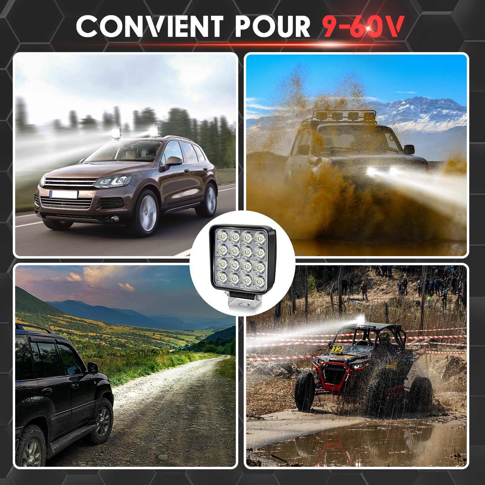 AnTom Phare de Travail LED 12V 24V 126W Carré Anti -interféron Lampe de travail étanche IP68 à haute luminosité für Voiture camions SUV, ATV, Lkw, offroad