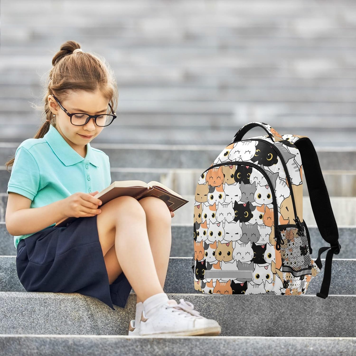 Sinestour Cute Cat School Backpack for Boys Girls Portable Wide shoulder strap Backpack Lightweight Travel Bag College Casual Daypack with Reflective Strip Large - Image 8