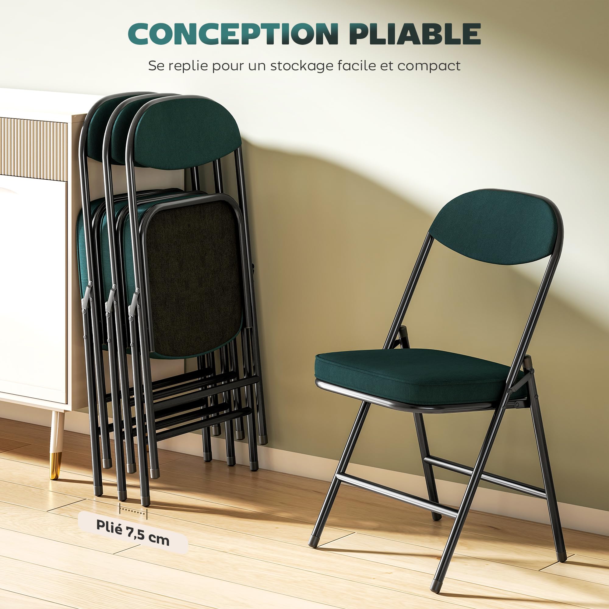 HOMCOM Lot de 4 Chaises Pliantes Portables Intérieur Charge 120 kg Bleu | Chaise Salle à Manger, Assises et Dossiers Rembourrées en Velours Côtelé, Cadre en Acier