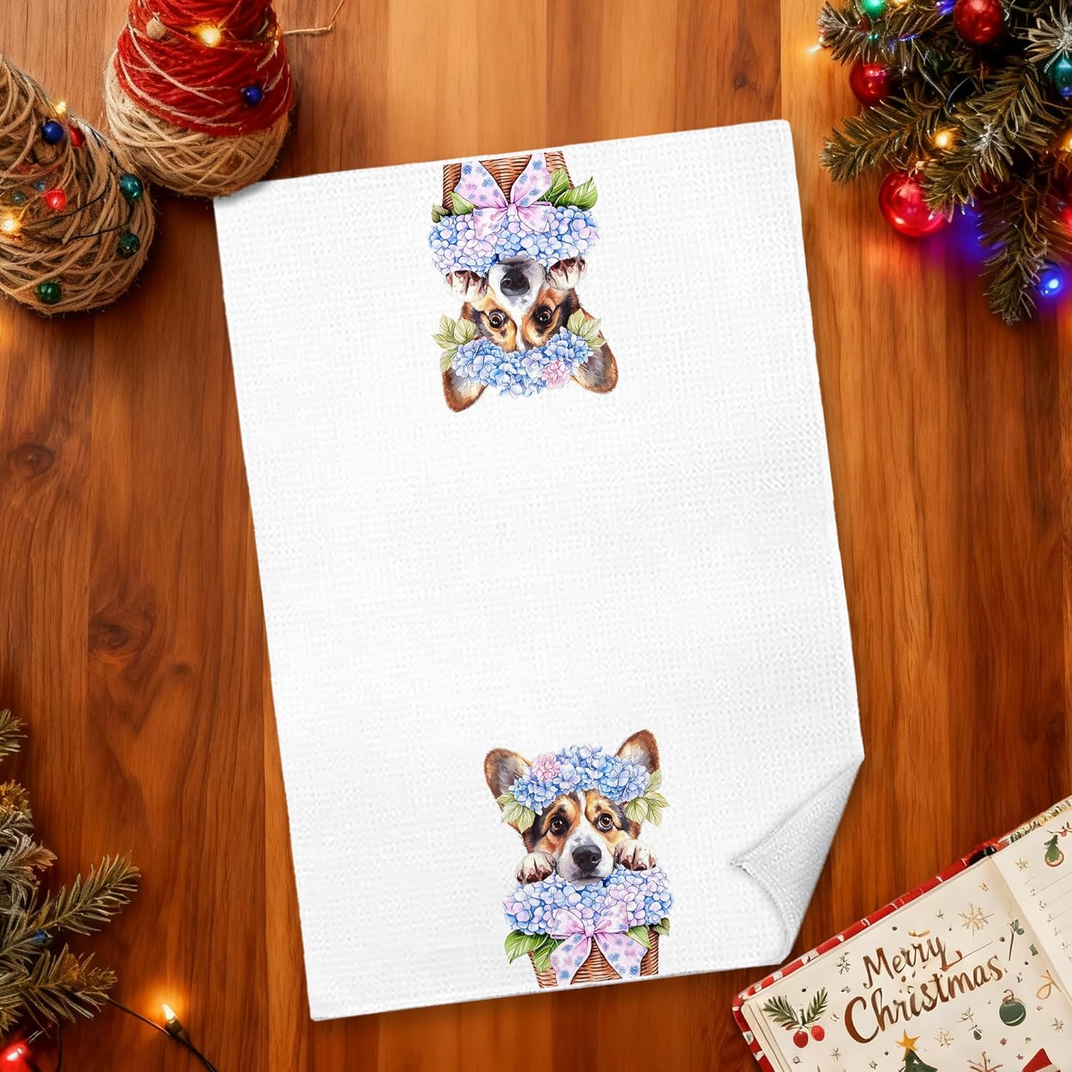 Coquette Bow Hydrangea Corgi Kitchen Towels 16x24 in, Corgi Lovers Gifts, Hydrangea Flower Basket Dog Decorative Hand Tea Dish Towels for Bathroom Kitchen - Image 4