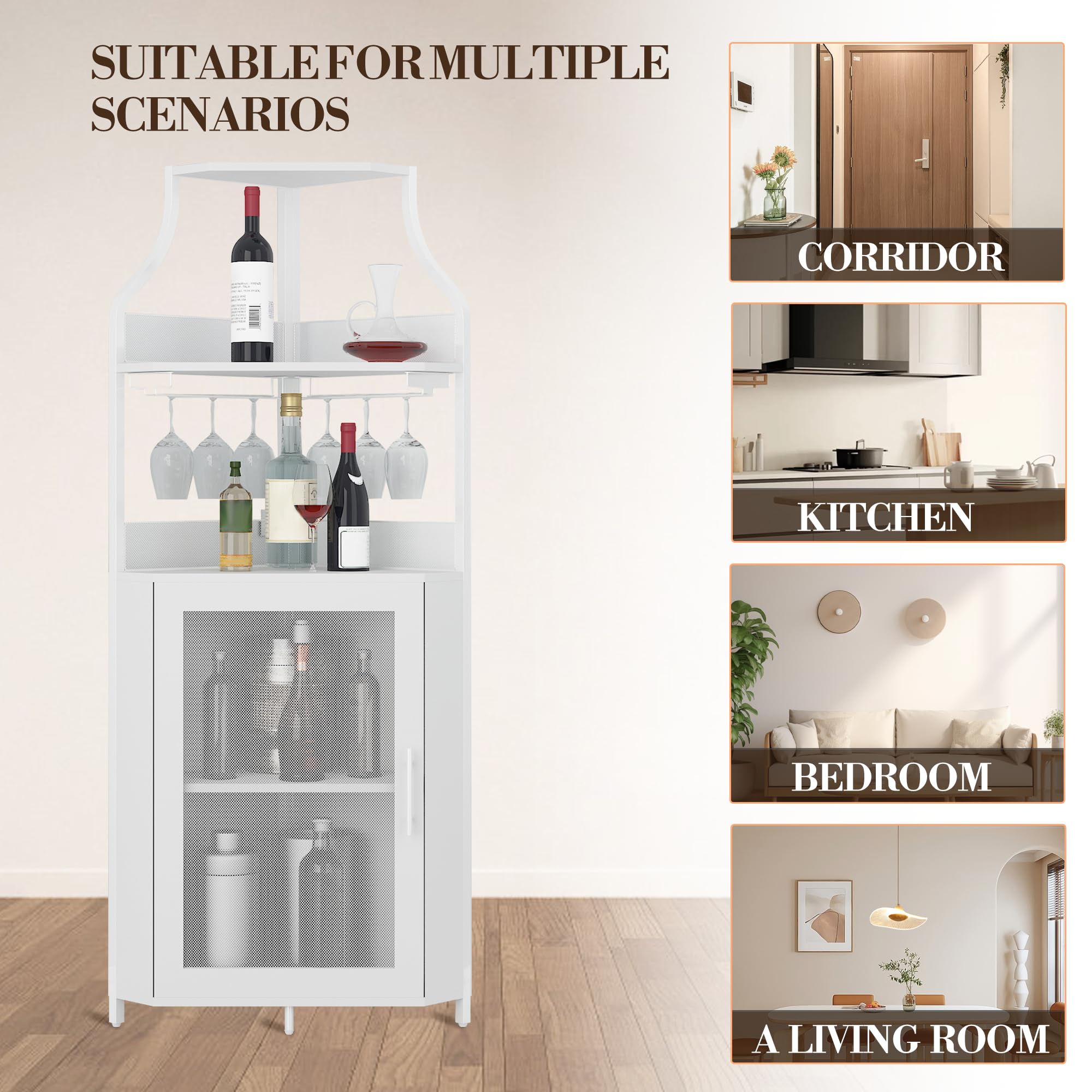 Eck-Weinschrank – Industrieller Eck-Hausbar | 5-Fach Abschließbares Weinregal Mit Glasablage & LED-Beleuchtung | Verstellbare Einlegeböden, Metallgestell & Gittertür | Küche/Wohnzimmer/Bar