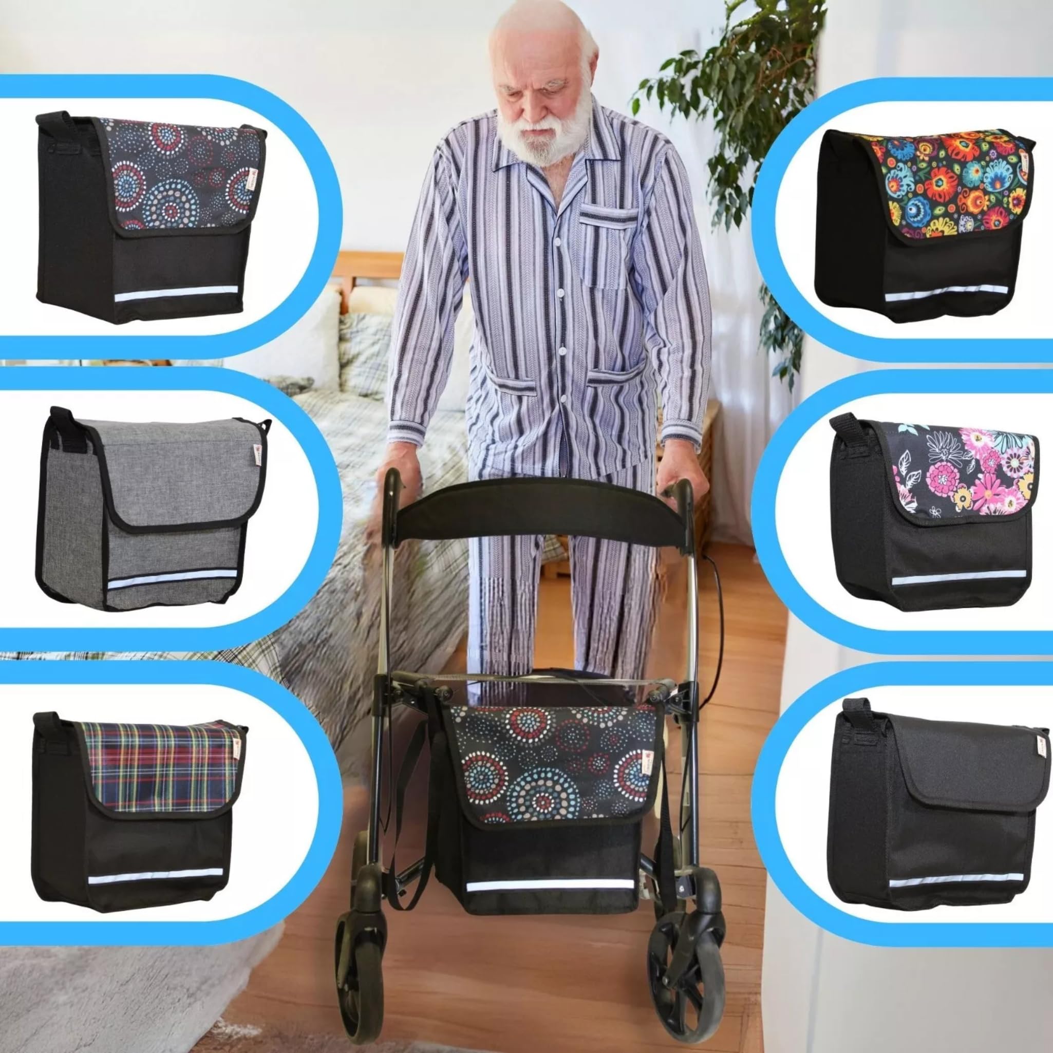 SENIORI Rollator- und Rollstuhltasche – Bequeme Befestigung & viel Stauraum – für Verschiedene Modelle – Mit Reflektor, Klettverschluss & stabiler Form (4. Blumen, V-Modell)