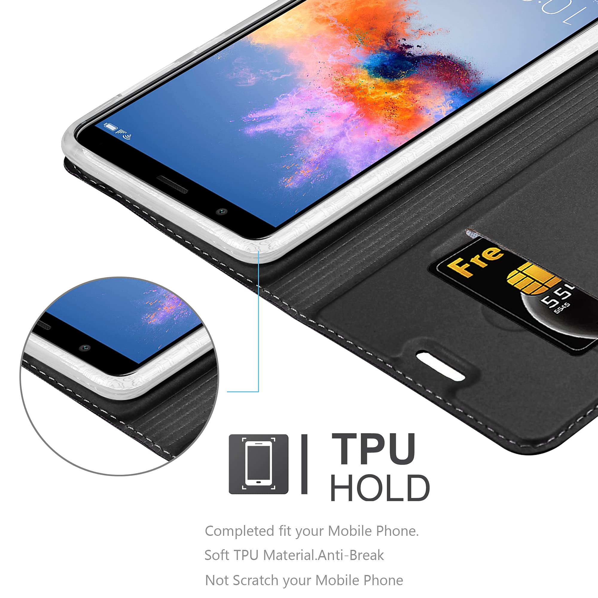 Cadorabo Cover Libro Per Honor 7C - Portafoglio In Pelle Nera Carbone Con Slot Carte E Stand