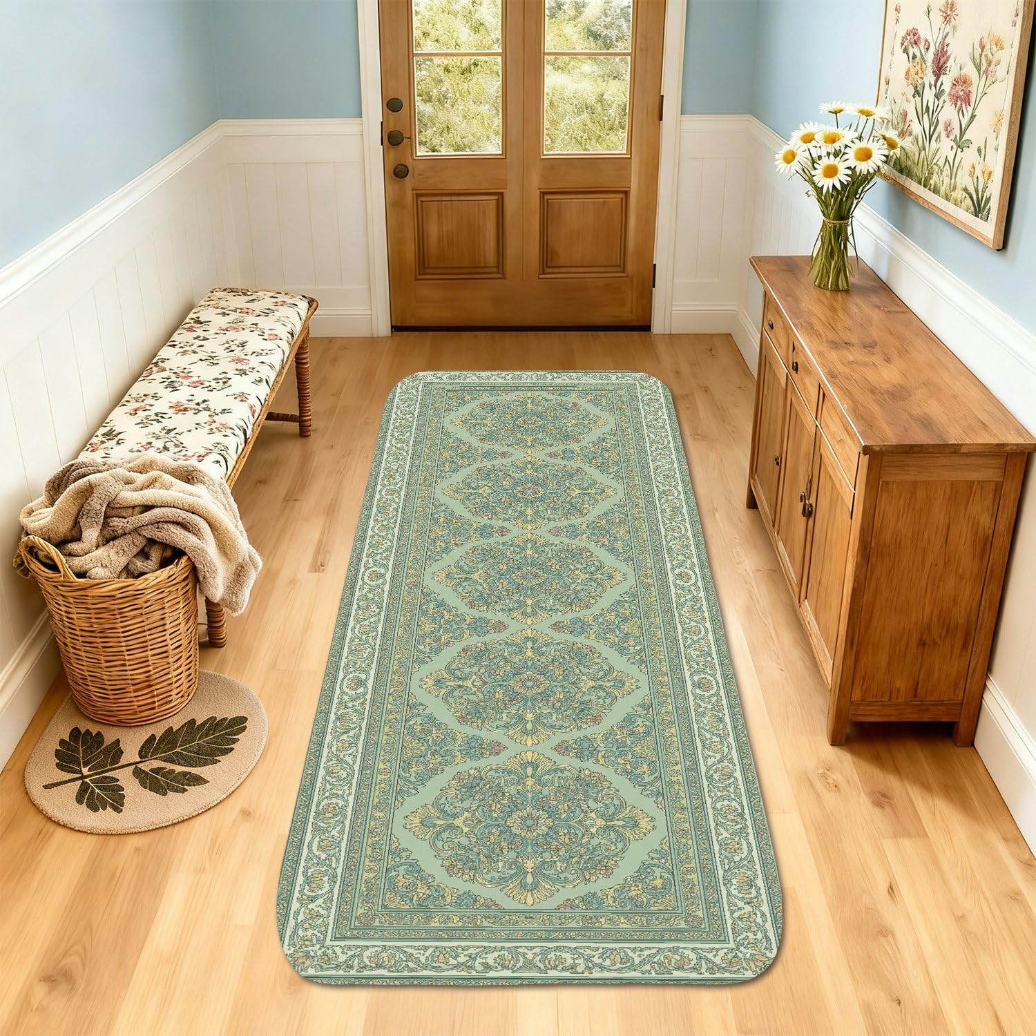 Tapis de sol rectangulaire floral bleu sarcelle antidérapant avec bordure pour porte et cuisine