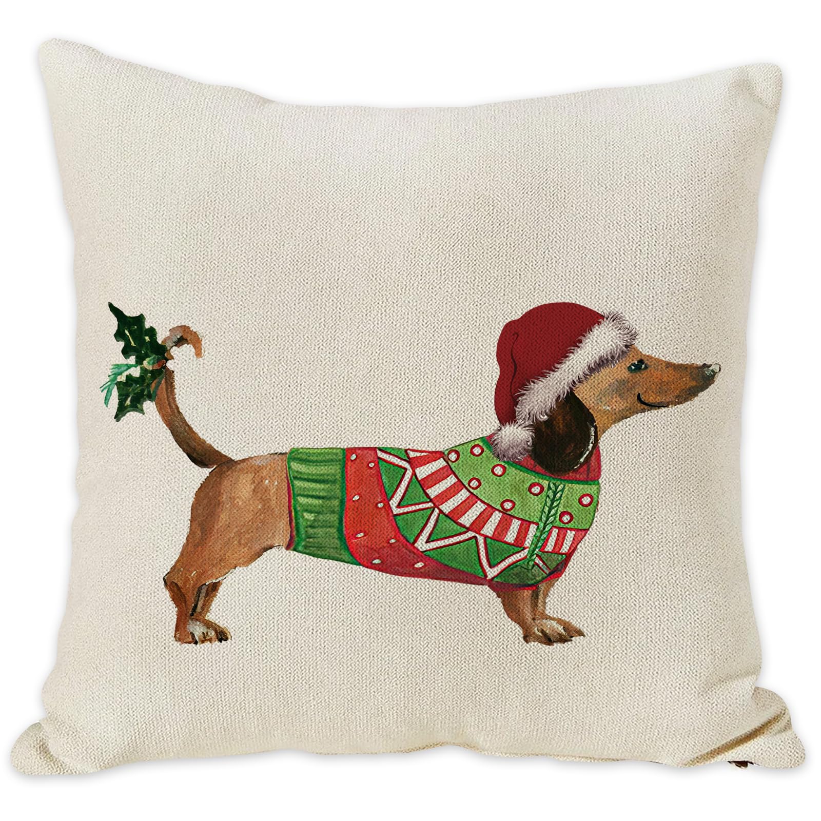 SPXUBZ Merry Christmas Dachshund Throw Pillow Cover Cute Dog Linen Pillowcase Winter Festival Home Decor Nice Gift Indoor Pillowcase Size 18x18 Inch (Two Sides Print)