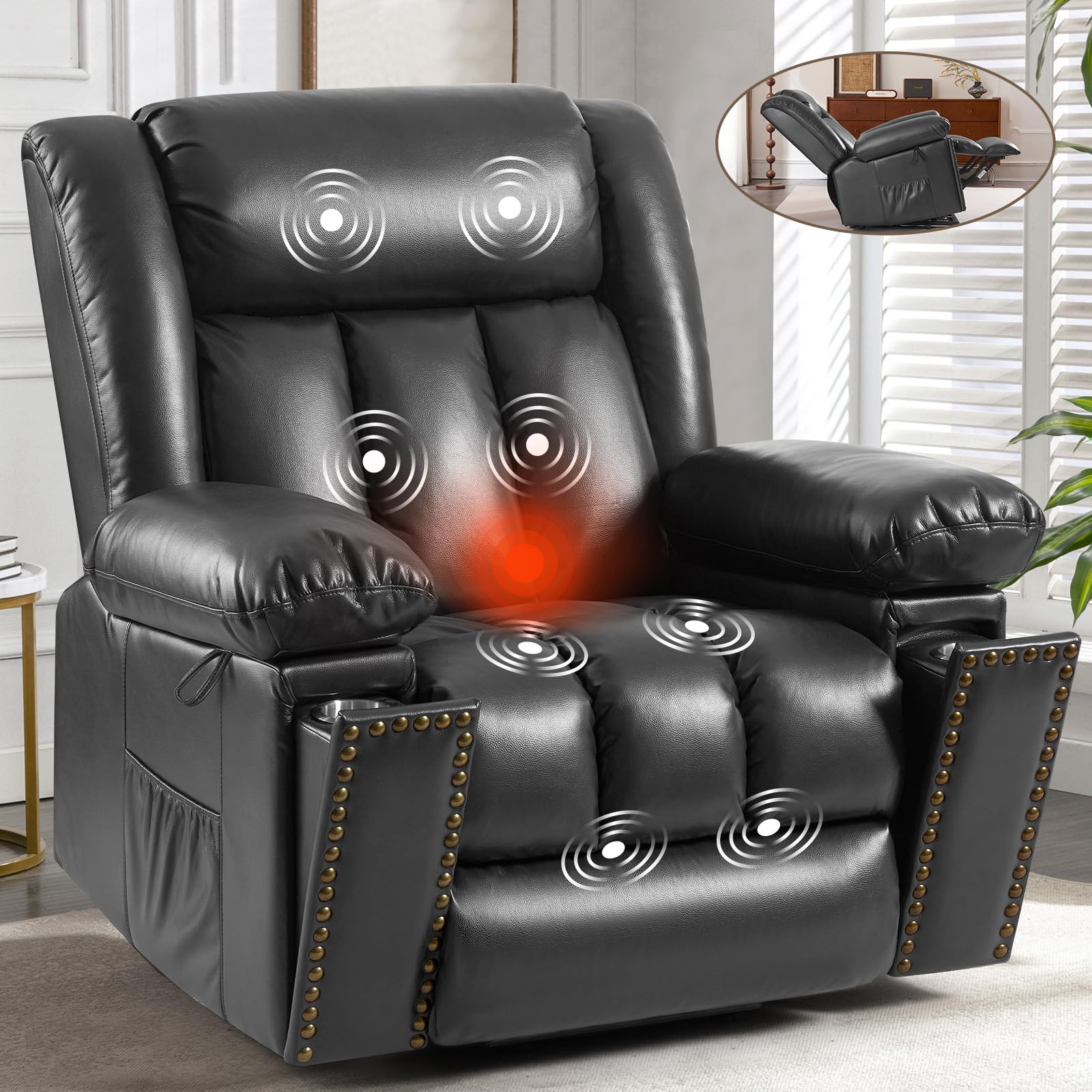 CDCASALarge Power Lift Recliner Chair with Massage and Heat for Elderly, Overstuffed Wide Recliners, Breathable Leather Lift Chairs w/2 Concealed Cup Holders,1PC,Grey