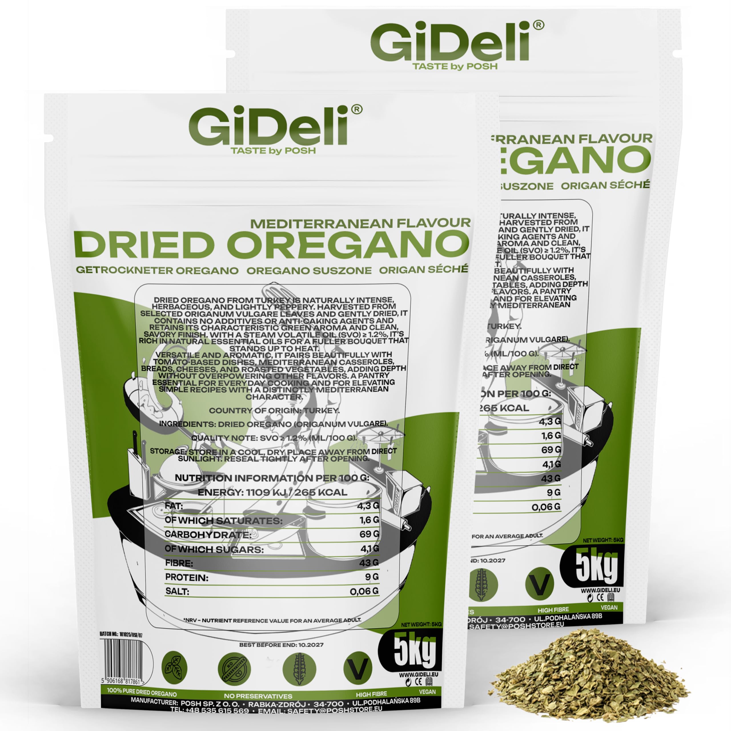 GiDeli Oregano 2 x 5kg - Getrocknete Oregano Blätter- Türkisches Gewürz für Italienische Küche - Pasta Fisch Pizza Suppen Salat und Fleischgerichte