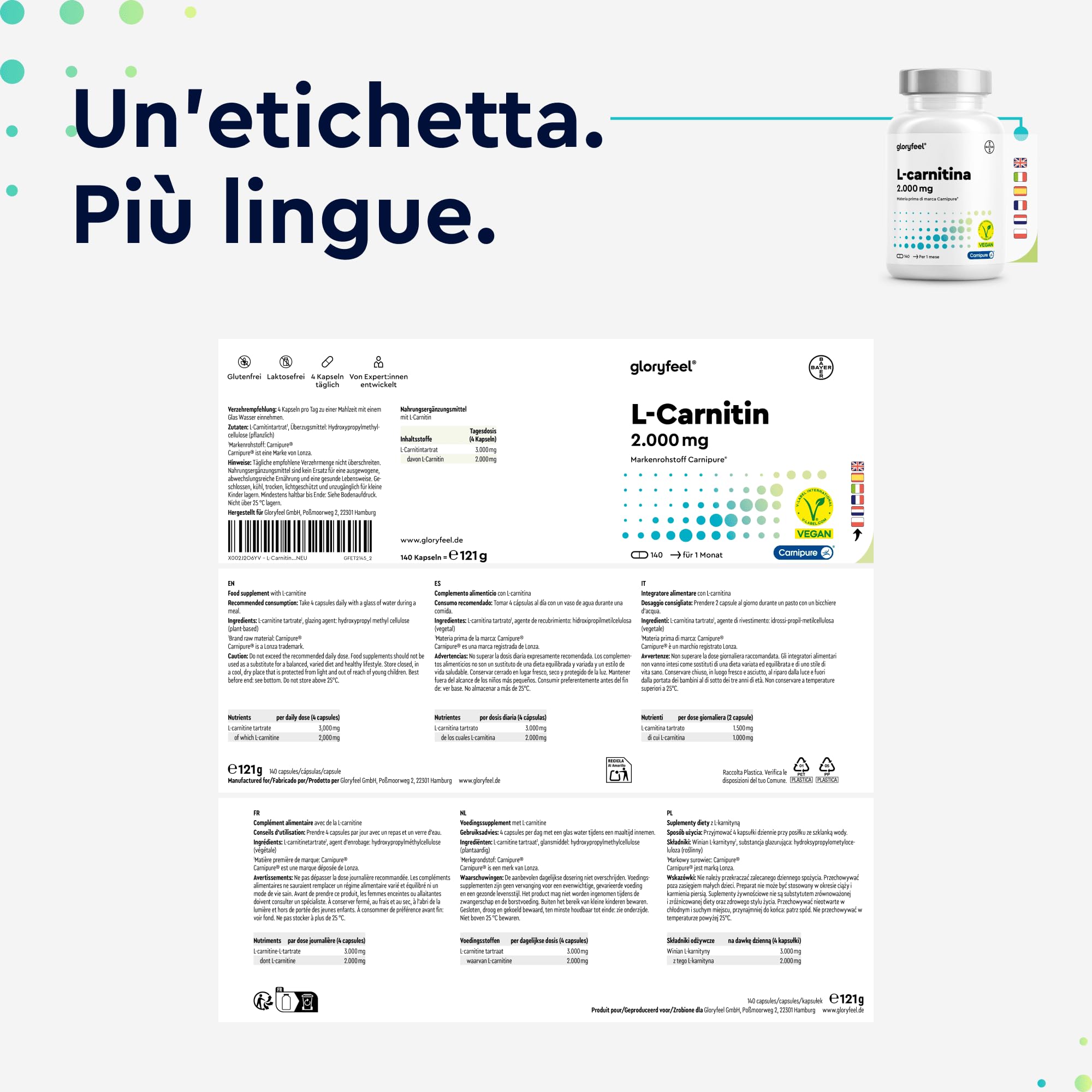 L-Carnitina Integratore, 2.000mg Carnitina Capsule con Premium Carnipure®, Integratore Sportivo con Tartrato di Carnitina, Energia e Recupero Muscolare, 140 Capsule, 100% Vegan