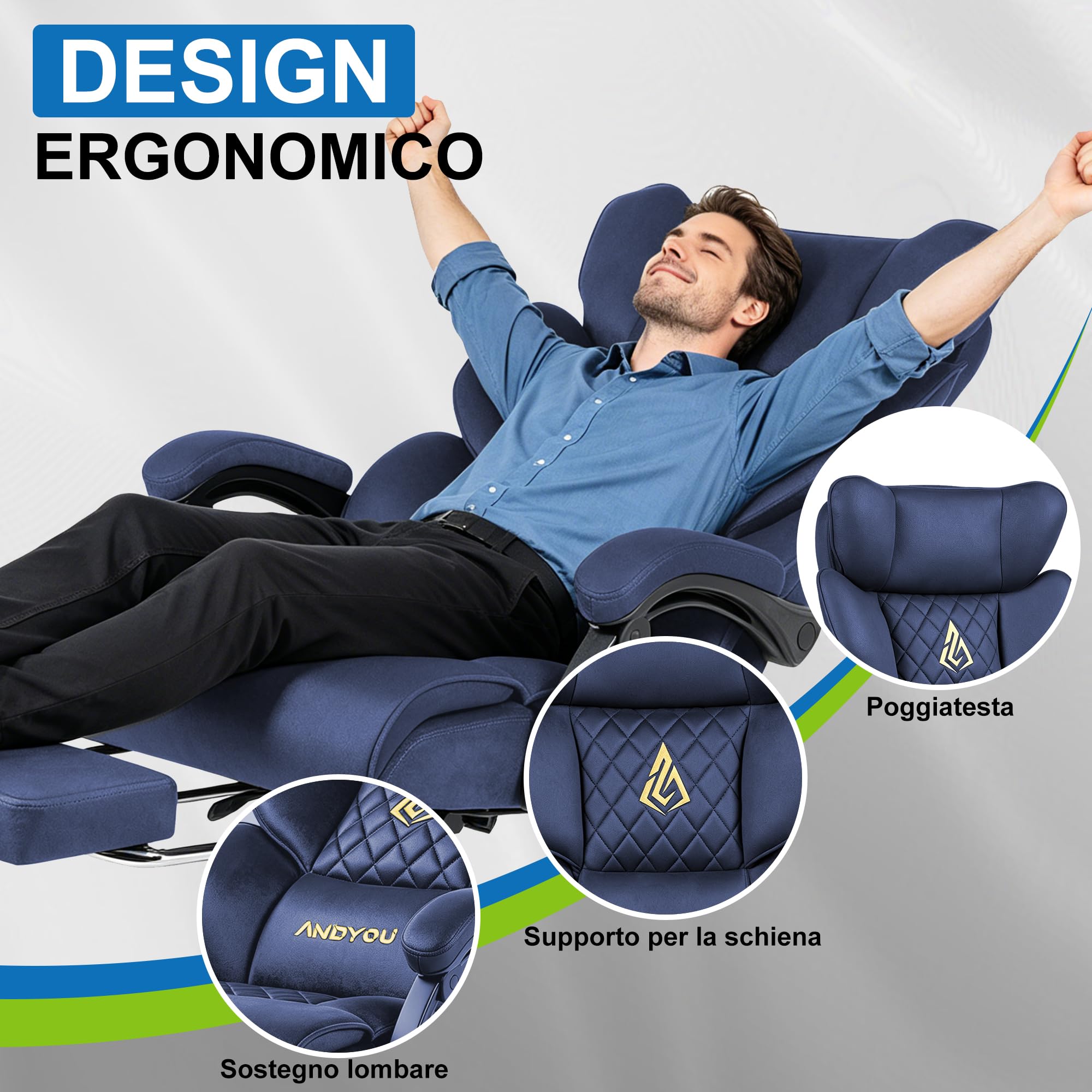 Andyou Sedia Gaming Ergonomica con Poggiapiedi – Ufficio Scrivania, Schienale Regolabile 90-155° senza scatti, Braccioli Collegati, Seduta Morbida a Molle, fino a 150 kg,Blu Scuro