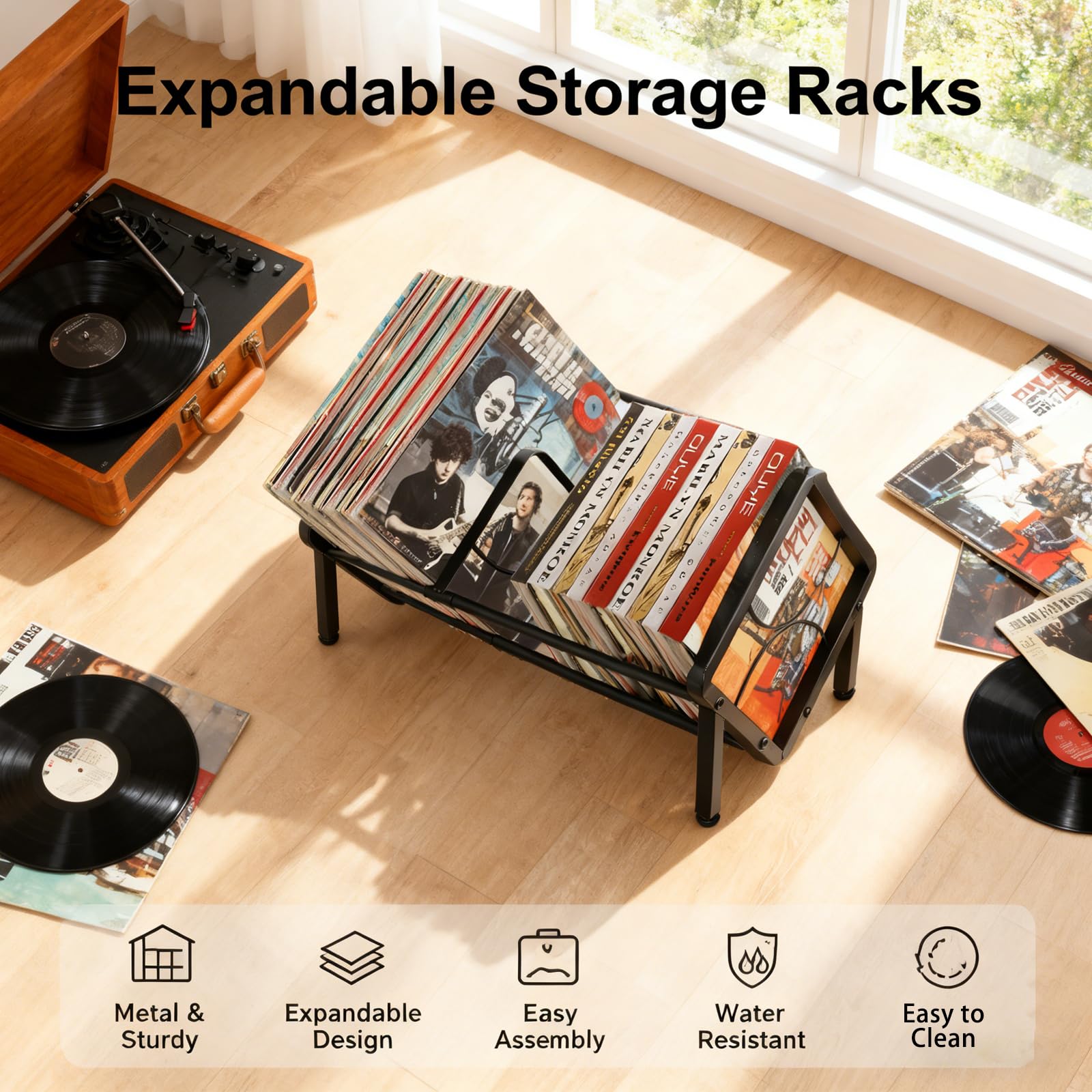 Scaffale regolabile per dischi in vinile, espandibile da 80 a 100 LP, supporto per dischi in vinile, inclinabile, per ufficio, casa, camera da letto, per CD, libri, riviste, documenti