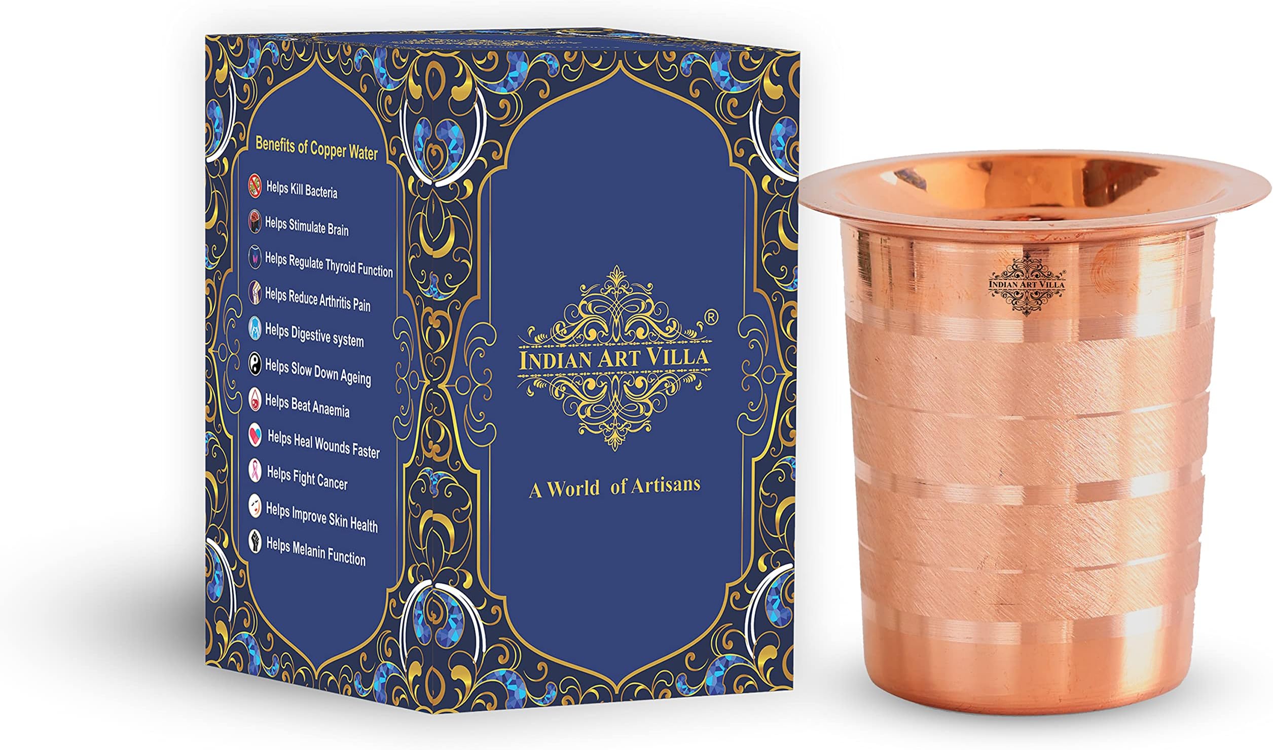 Copper Glass Tumbler Cup with Lid, Drinking Serving Water, Yoga Ayurveda, 300 Ml