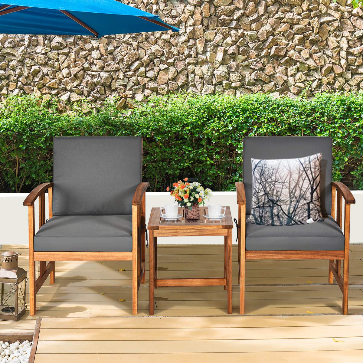 COSTWAY Conjunto Jardin Exterior de 3 Piezas, Madera de Acacia | , 2 Sillas y Mesa de Café, Cojines de Asiento y Respaldo Extraíbles, Muebles Conversación Jardin Terraza Balcon Exterior