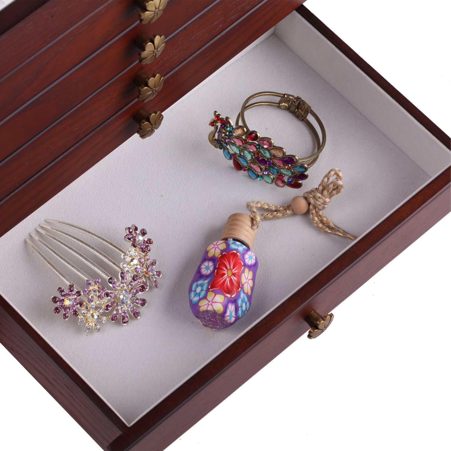 Large Wooden Jewellery Box Armoire Earrling Bracelet Organizer 6 Layers Mirror (BROWN)