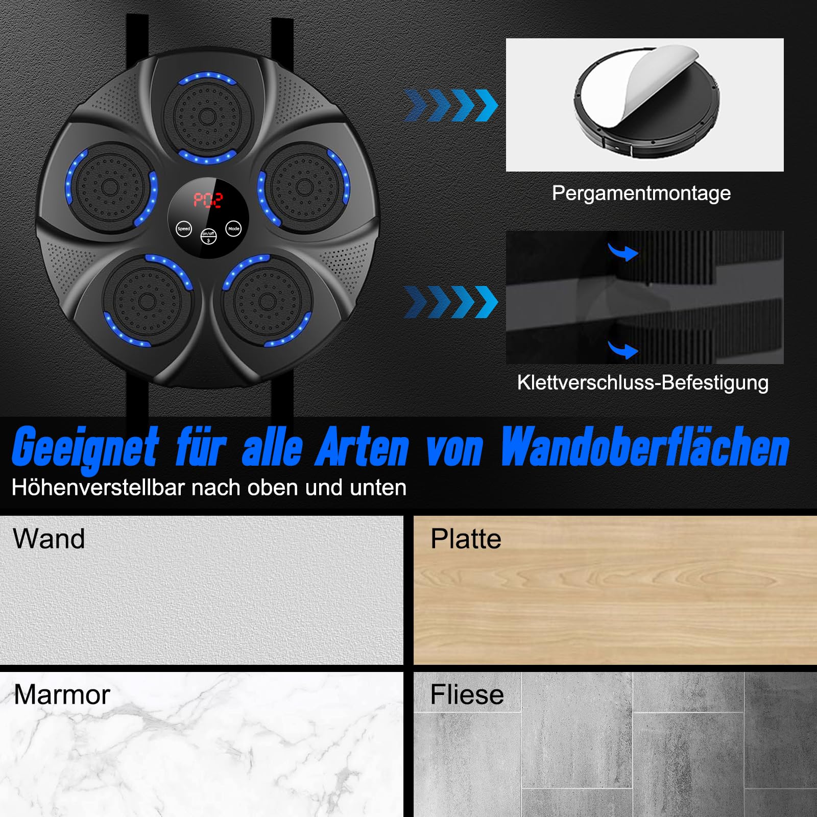 Music Boxing Machine, Großes Wandmodell Professioneller Boxmaschine Musik mit Boxhandschuhen Bluetooth-Verbindung, 9 Geschwindigkeiten und Modi, für Kinder und Erwachsene，Heim, Fitnessstudio, Schwarz