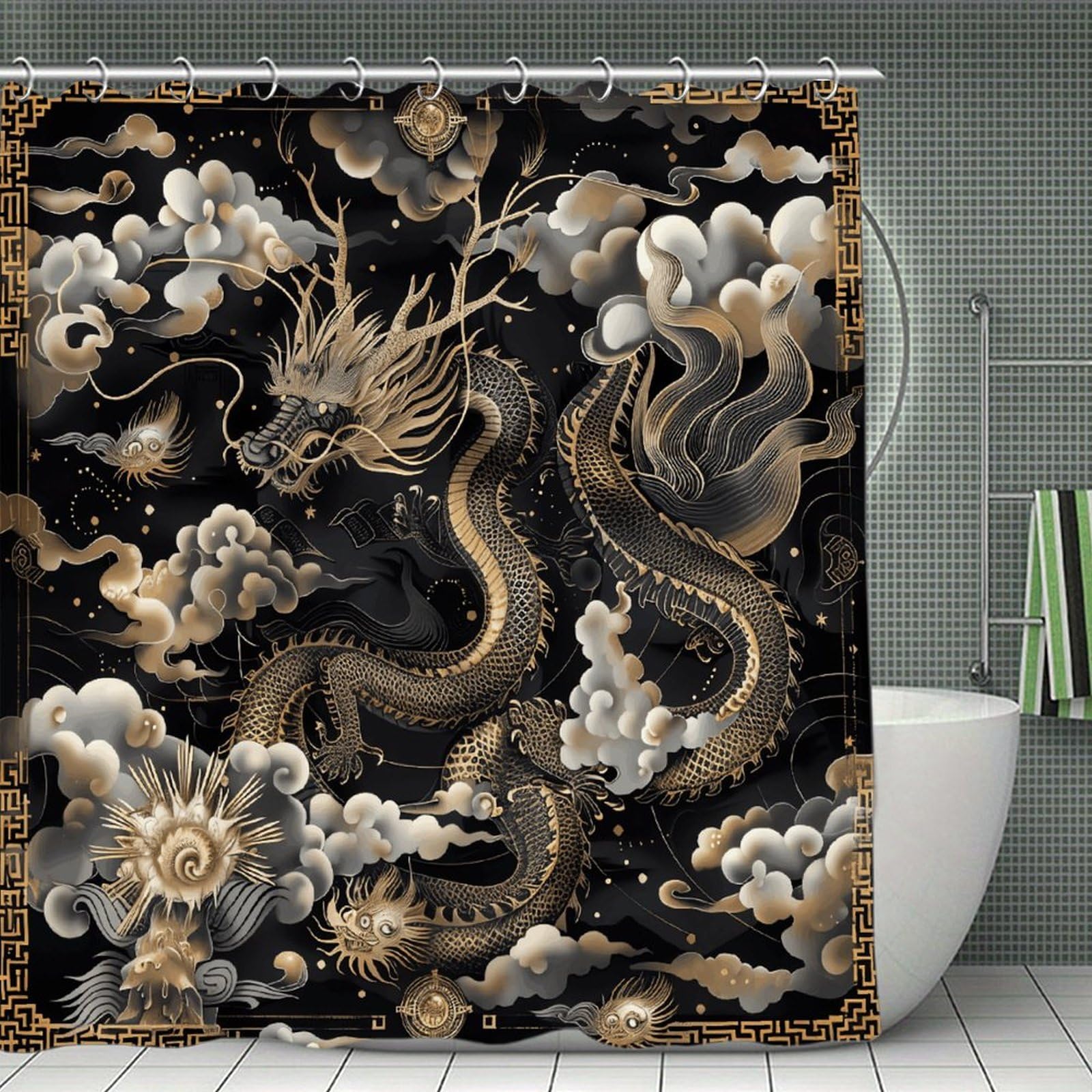 VstaDank Black Chinese Dragon Shower Curtain Waterproof Bathroom Shower Curtain with C Type Hooks Soft Lightweight Shower Curtains Liner Washable Polyester Cloth Shower Liner 71x71 Inch
