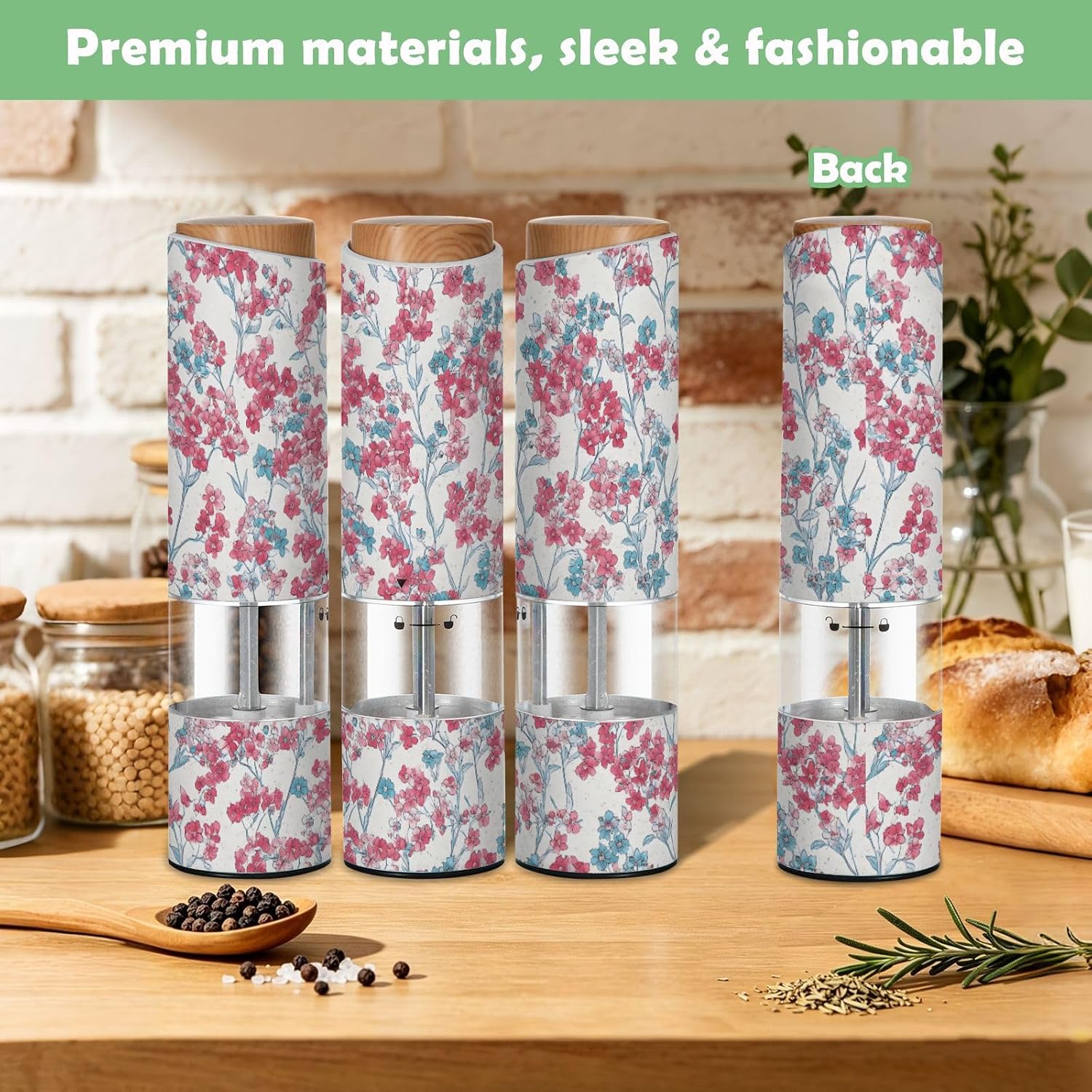 ALAZA Electric Pepper Grinder with Adjustable Coarseness, Pink Blue Flower Pattern Battery Automatic Salt and Pepper Mill with Led, One-Handed Operation Spice Grinder for Kitchen, Camping & BBQ