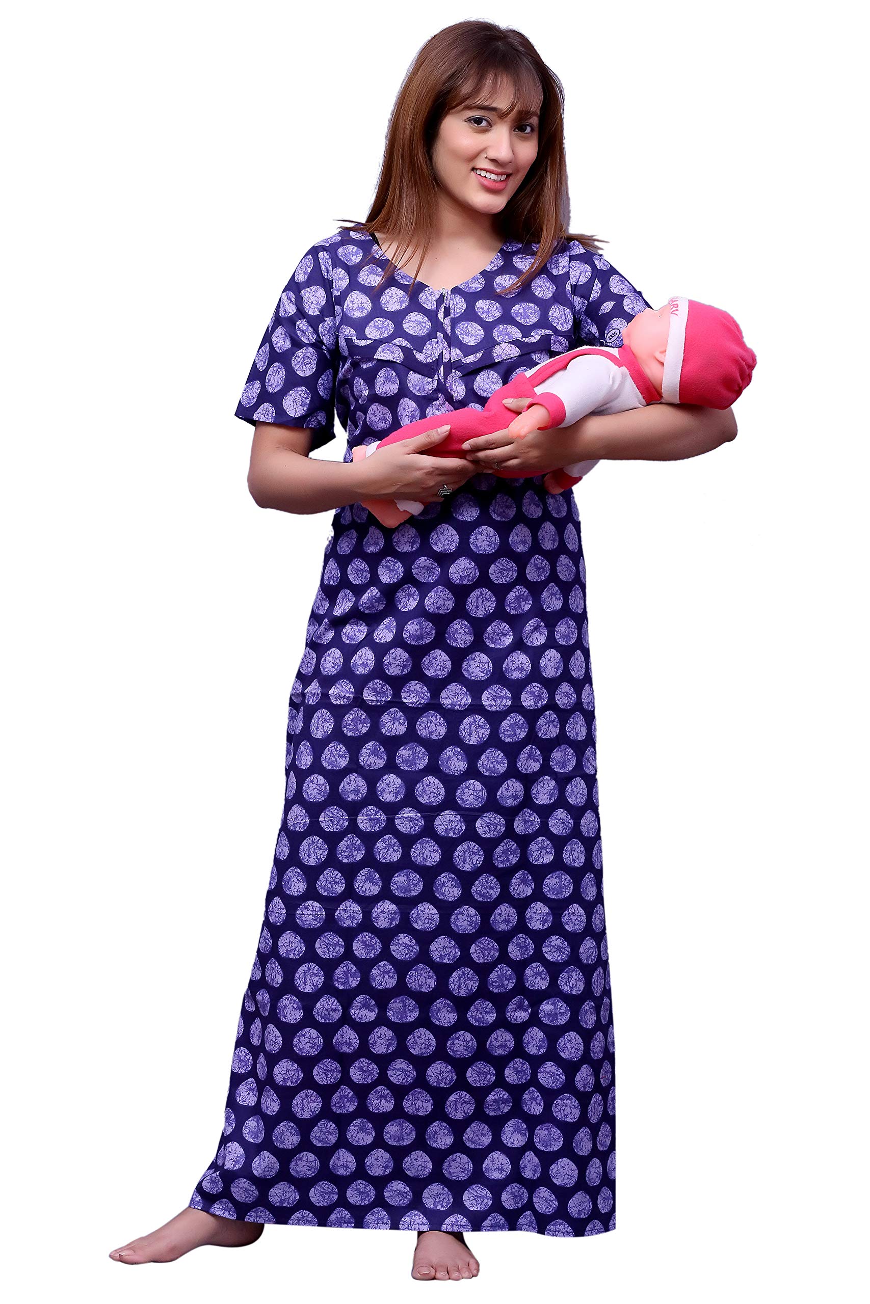 ankona Feeding Nighty in Pure Cotton with 3 zips First Zip on Neck for Comfortable Wearing & Other 2 zips on Front for Feeding Purpose Maternity Nighty Cotton Feeding Nighty Baby Feeder Zipper Nighty-picture-33