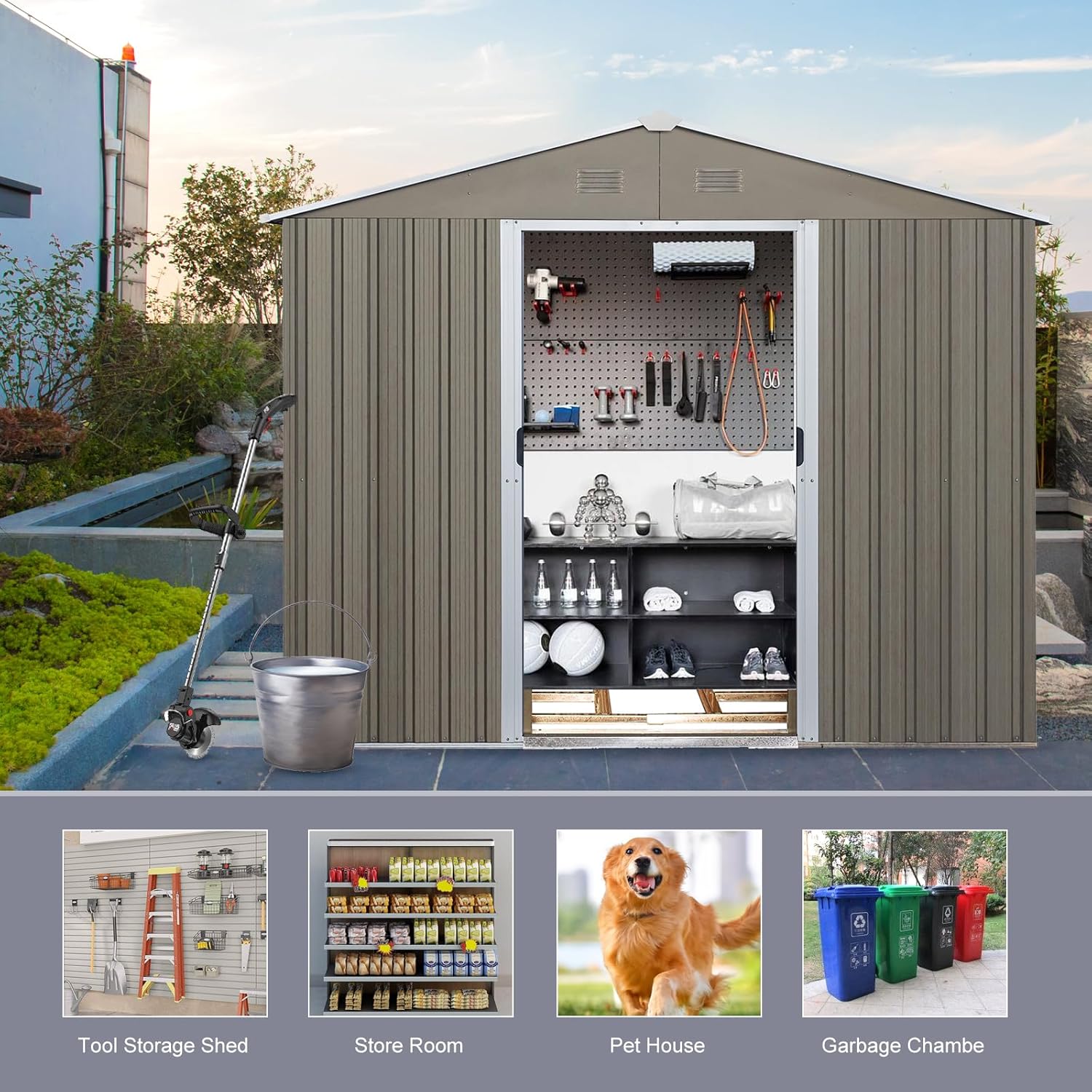 Gray 6' x 8' Outdoor Metal Storage Shed with Floor Base